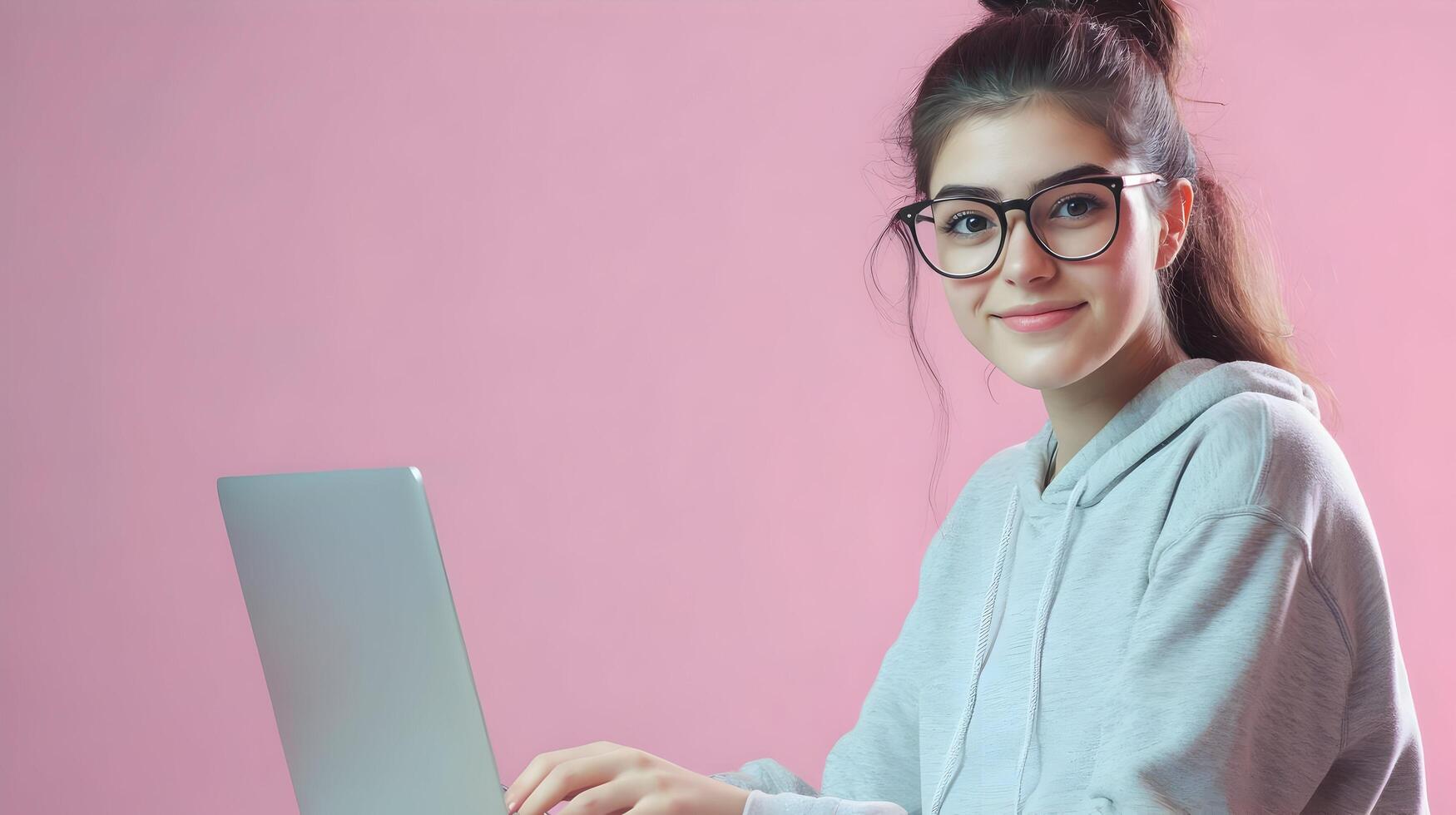 Confident and Professional Young Woman Wearing Eyeglasses,Using Laptop Computer in a Pink Studio Setting,Representing an Information Technology Specialist,Software Engineer or Developer photo