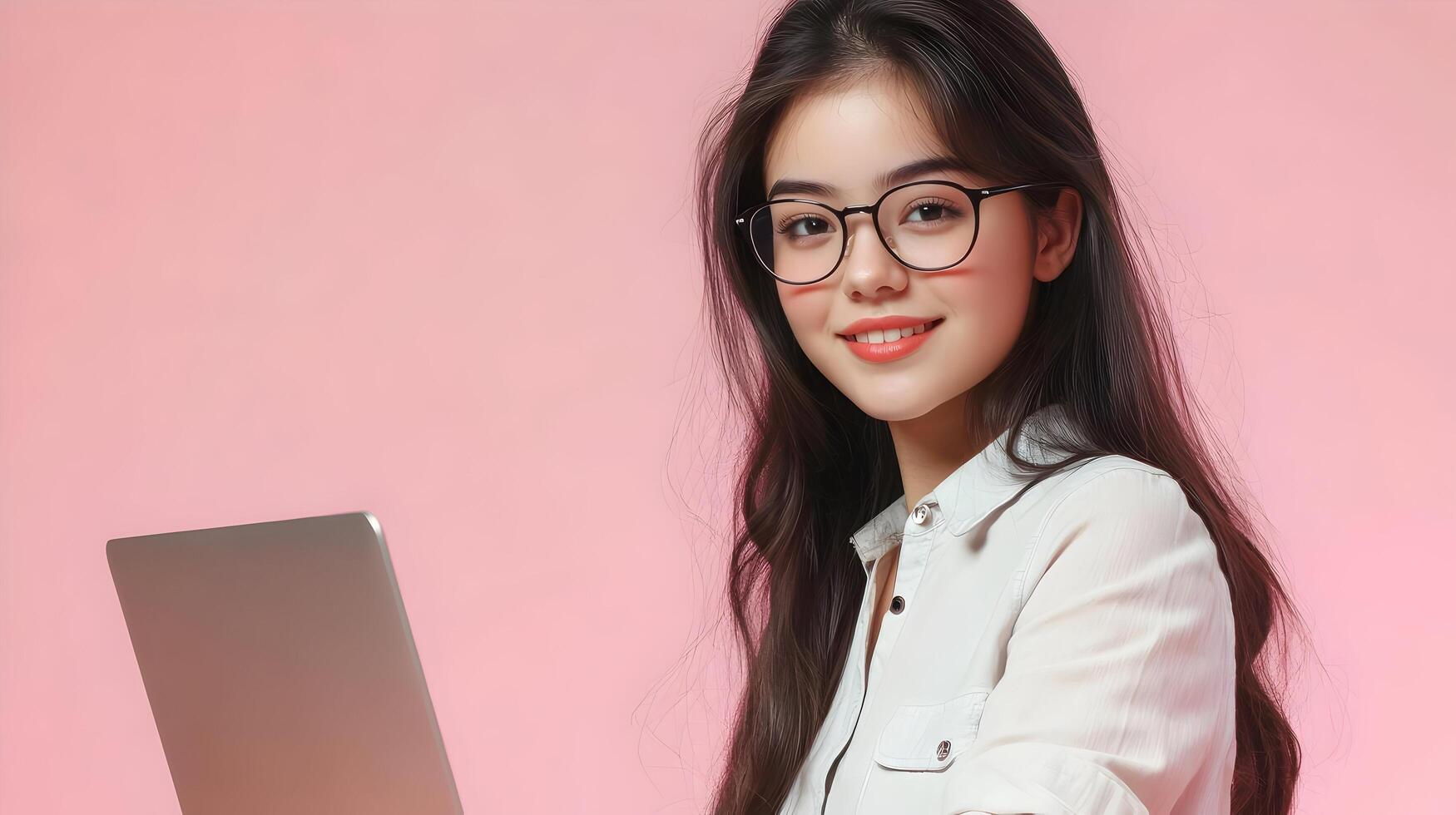 Confident and Smiling Young Female IT Professional or Software Developer Using Laptop Computer at Workspace or Office for Work,Business,or Entrepreneurship photo