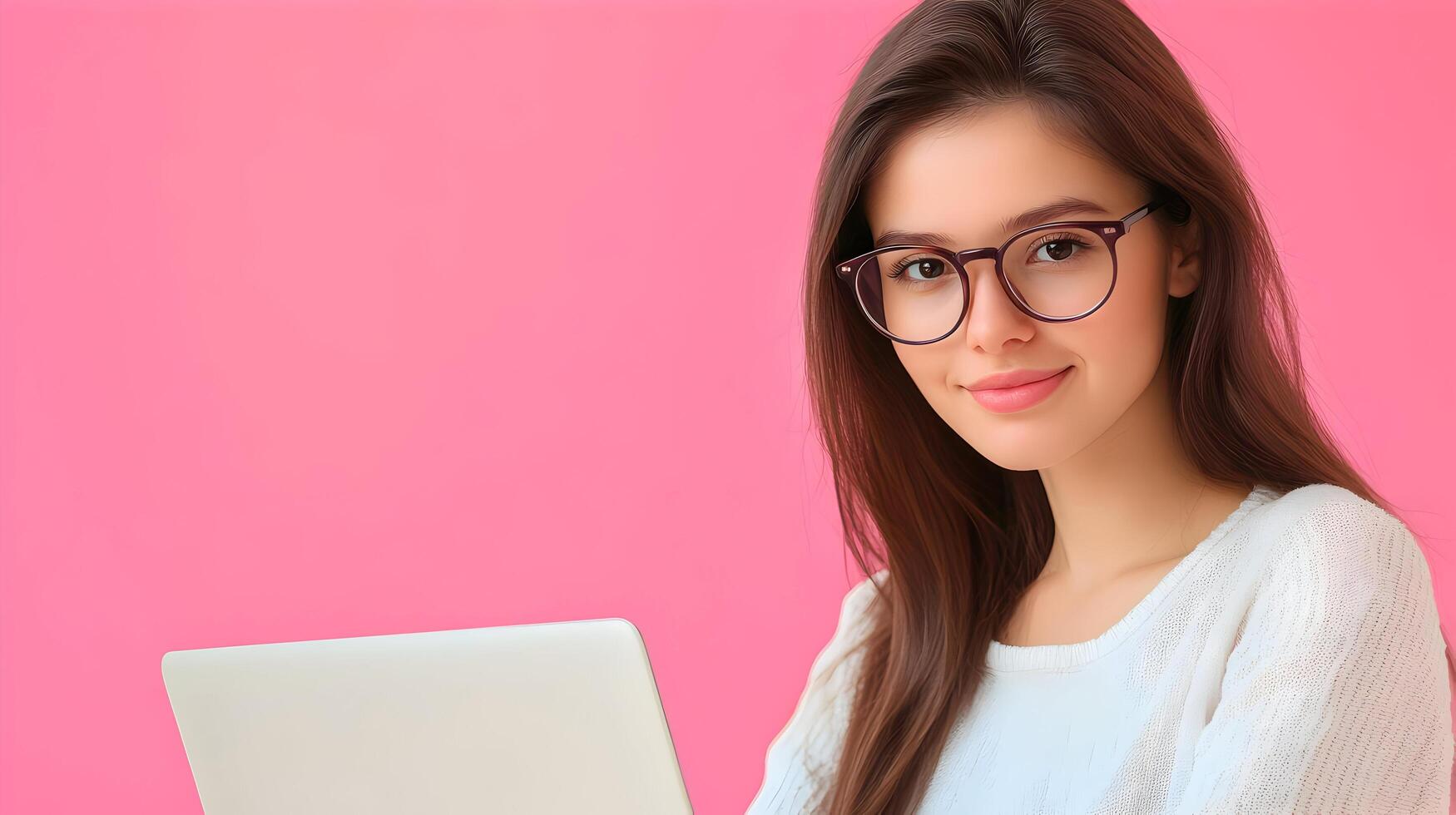Confident Young Female Software Engineer or Developer Working on Laptop Computer in Modern Office or Studio Environment with Pink Background photo
