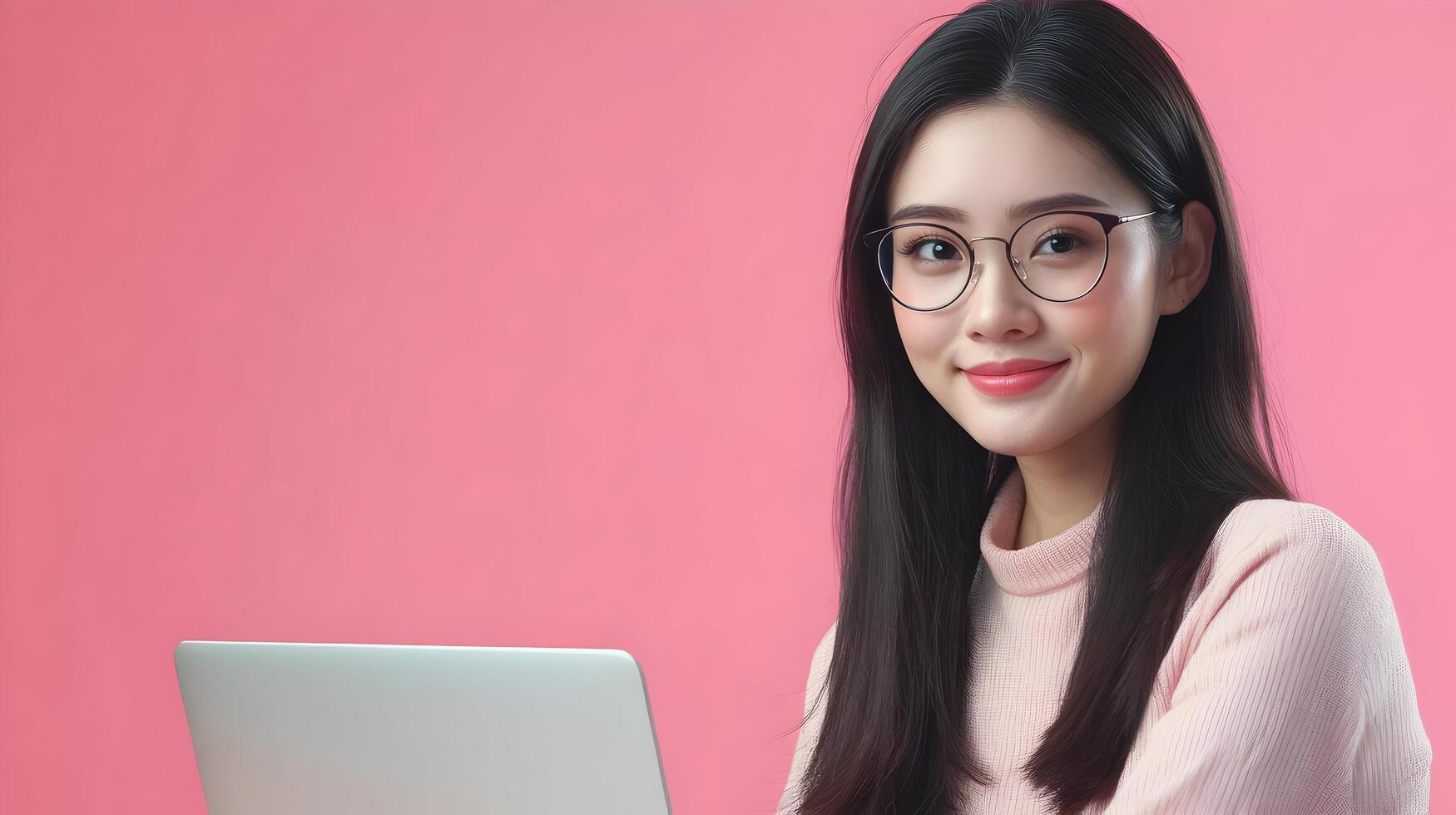 Confident and Smiling Woman Wearing Glasses Using Laptop Computer in Studio Background,Information Technology Specialist or Software Engineer photo