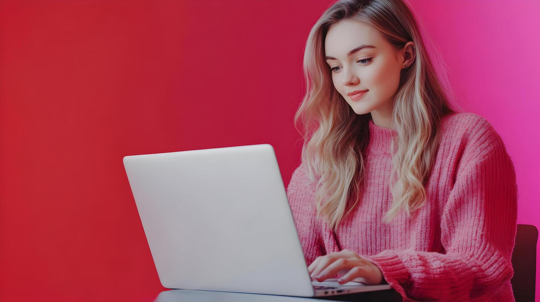 Portrait of a young,confident female model sitting and using a laptop computer on a vibrant pink and red color background. The image represents modern business,technology. photo