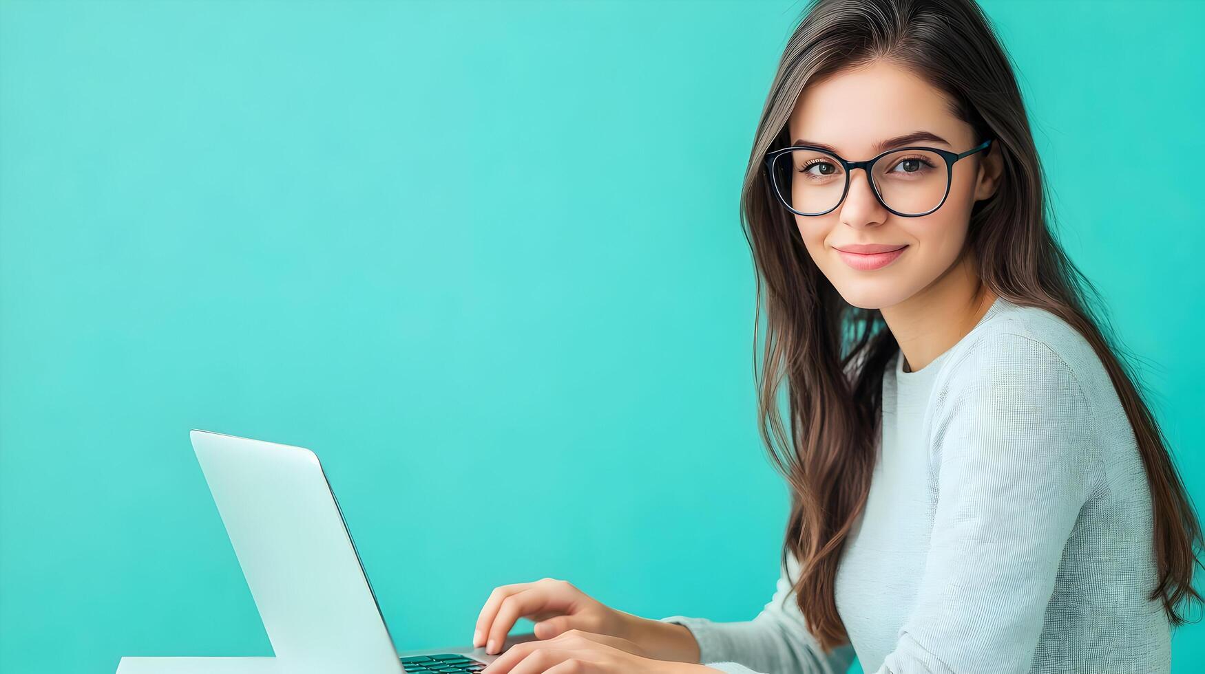 Confident and Capable Young Female IT Specialist or Software Developer Using Laptop Computer for Coding,Programming,and Completing Digital Work Tasks in a Modern Workspace or Office Environment photo