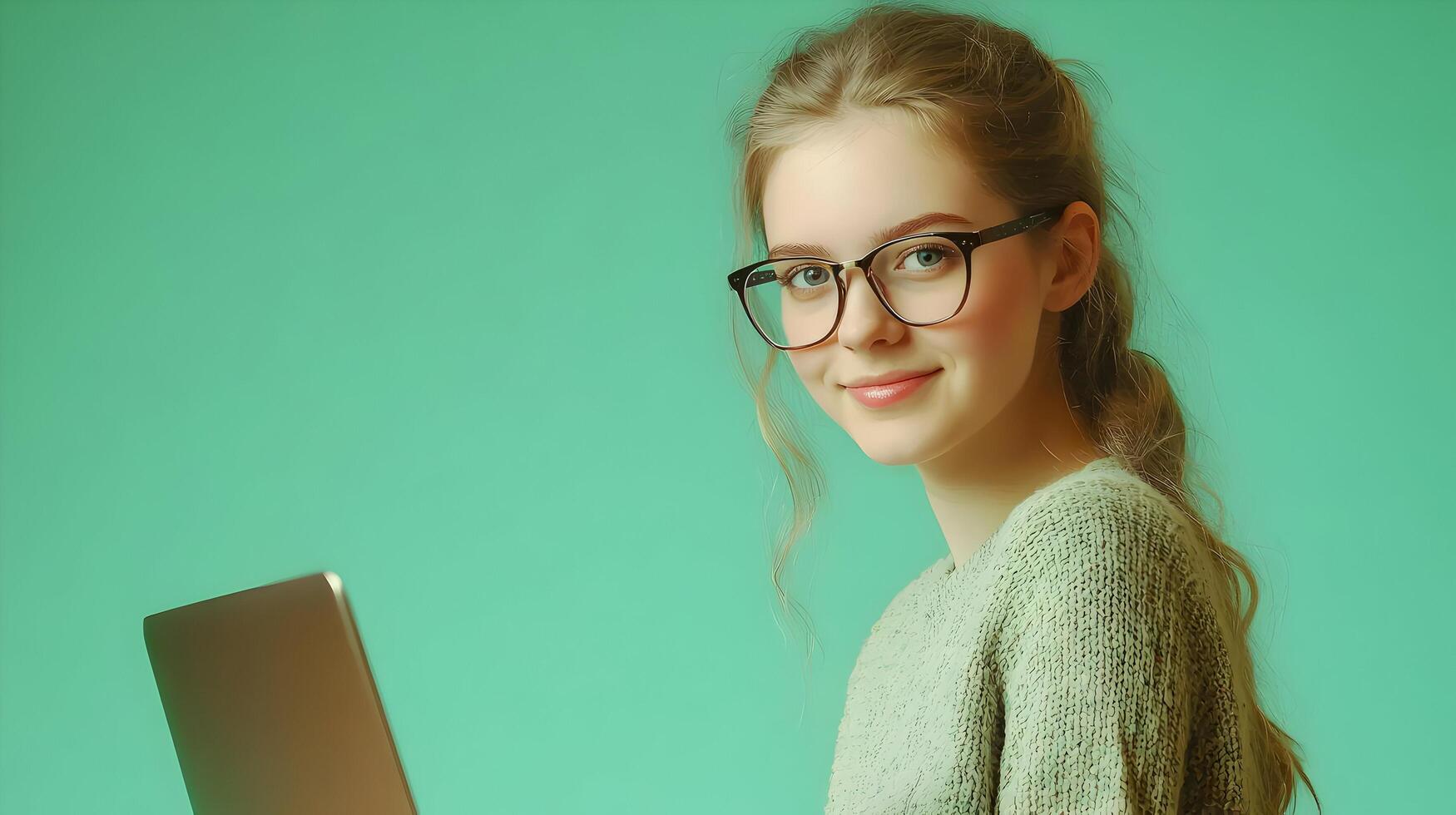 Confident and Intelligent Young Female IT Professional or Software Developer Sitting at Laptop Computer,Using Technology in Modern Office Environment photo