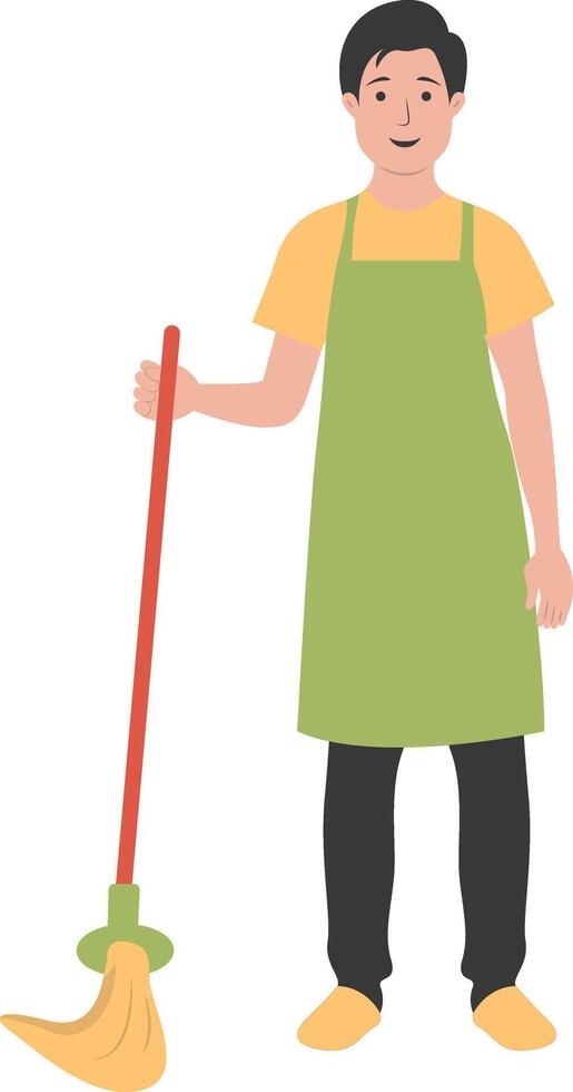 Young Man Cleaner Holding Broom vector
