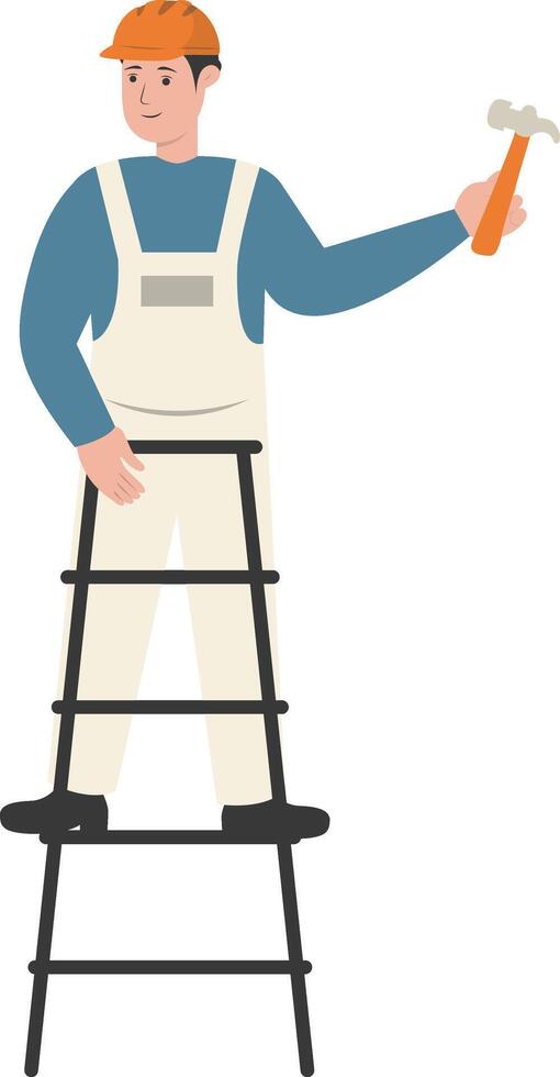 Young Male Builder Climbing Ladder vector