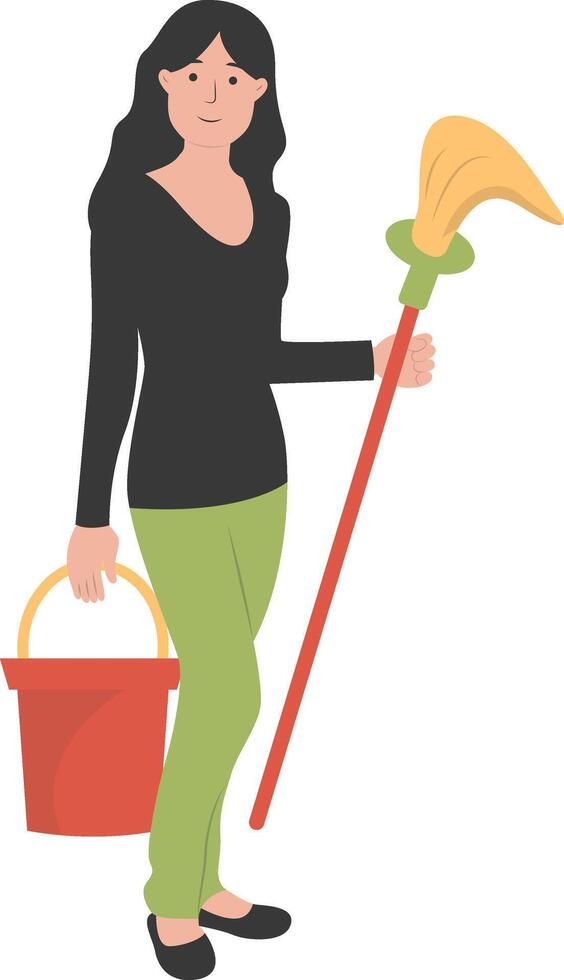 Young Woman Cleaning Holding Mop and Bucket vector