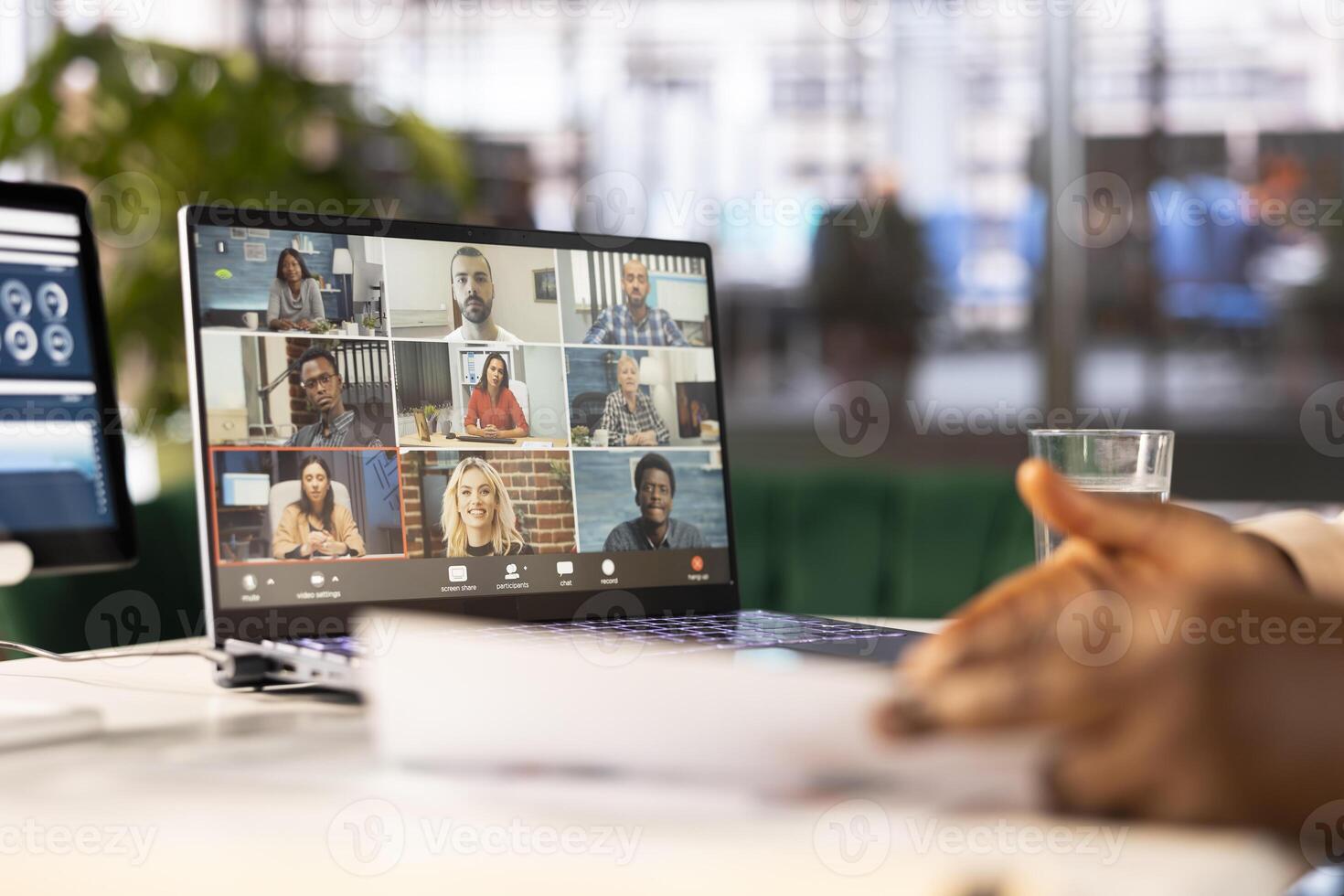 Businesswoman discussing with stakeholders in online videocall, developing sales strategies to increase market share. Close up of manager in videoconference meeting analyzing sales performance photo