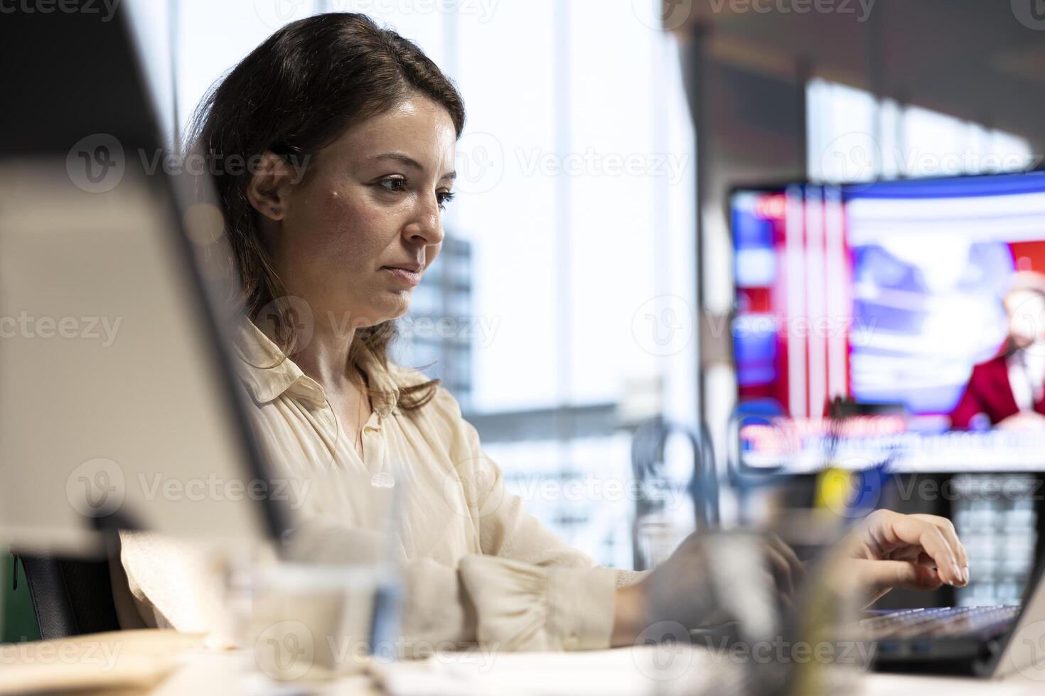 Ambitious woman leader focusing on strategic planning and business success, setting a clear vision and objectives for the enterprise. Empowered director achieving organizational growth. photo