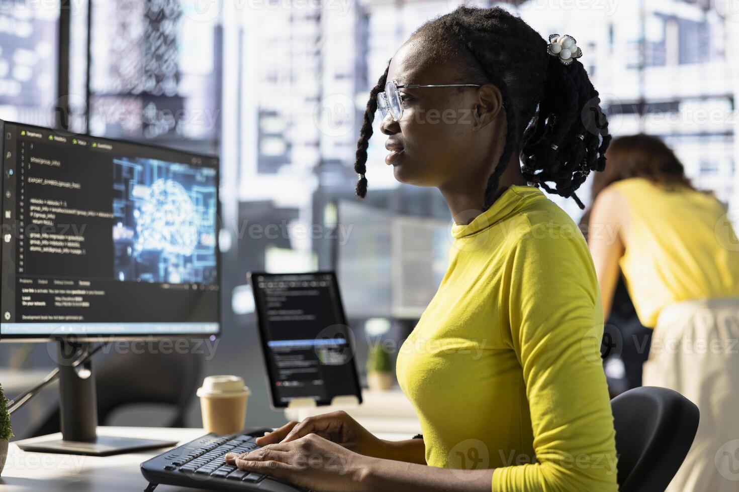 Worker conducting code review to fix bugs, identifying performance and technical issues with artificial intelligence company software. Woman debugging and optimizing code using AI photo