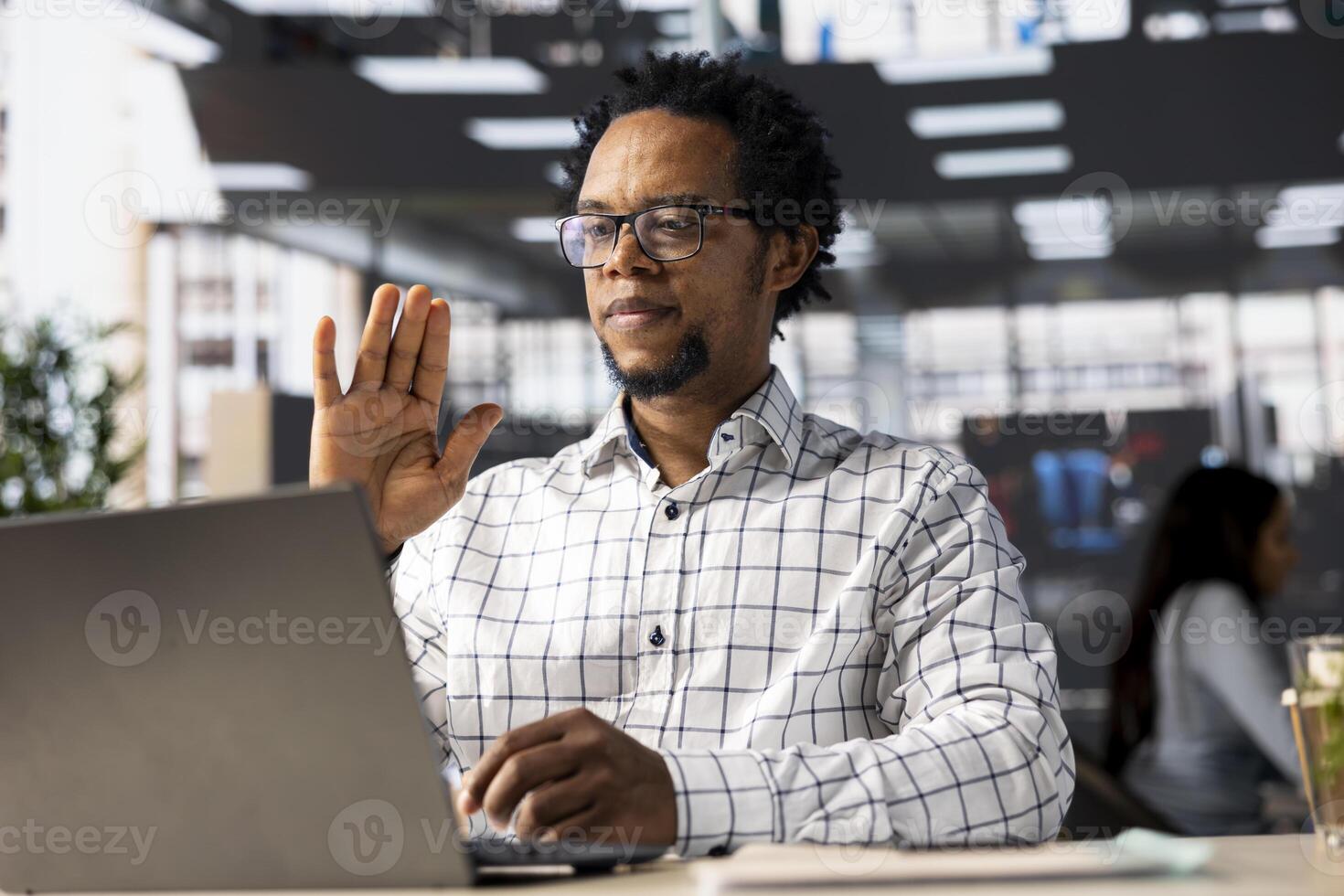 Businessman connects with shareholders via call to discuss budget planning and investment strategy. Using digital communication to help with financial growth and enterprise solutions. photo
