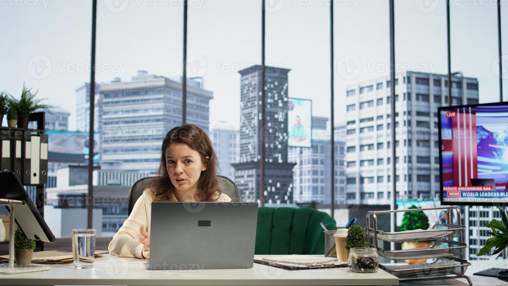 Female general director uses her leadership skills to navigate challenges in the business industry, emphasizing determination and productivity to achieve success. Executive power. Camera B. photo