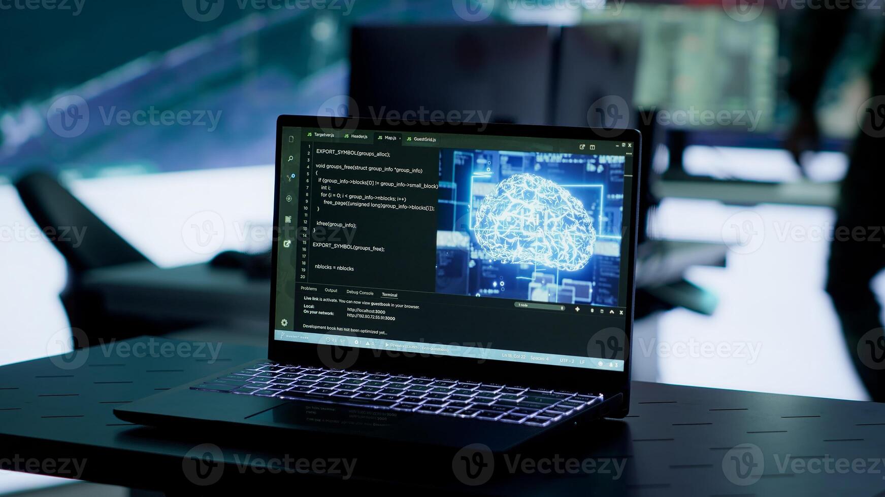 Military personnel working next to AI brain neural network in a command post with a North Korea flag on big screen. IT engineer employing deep learning to spread misinformation for scams. Camera A. photo