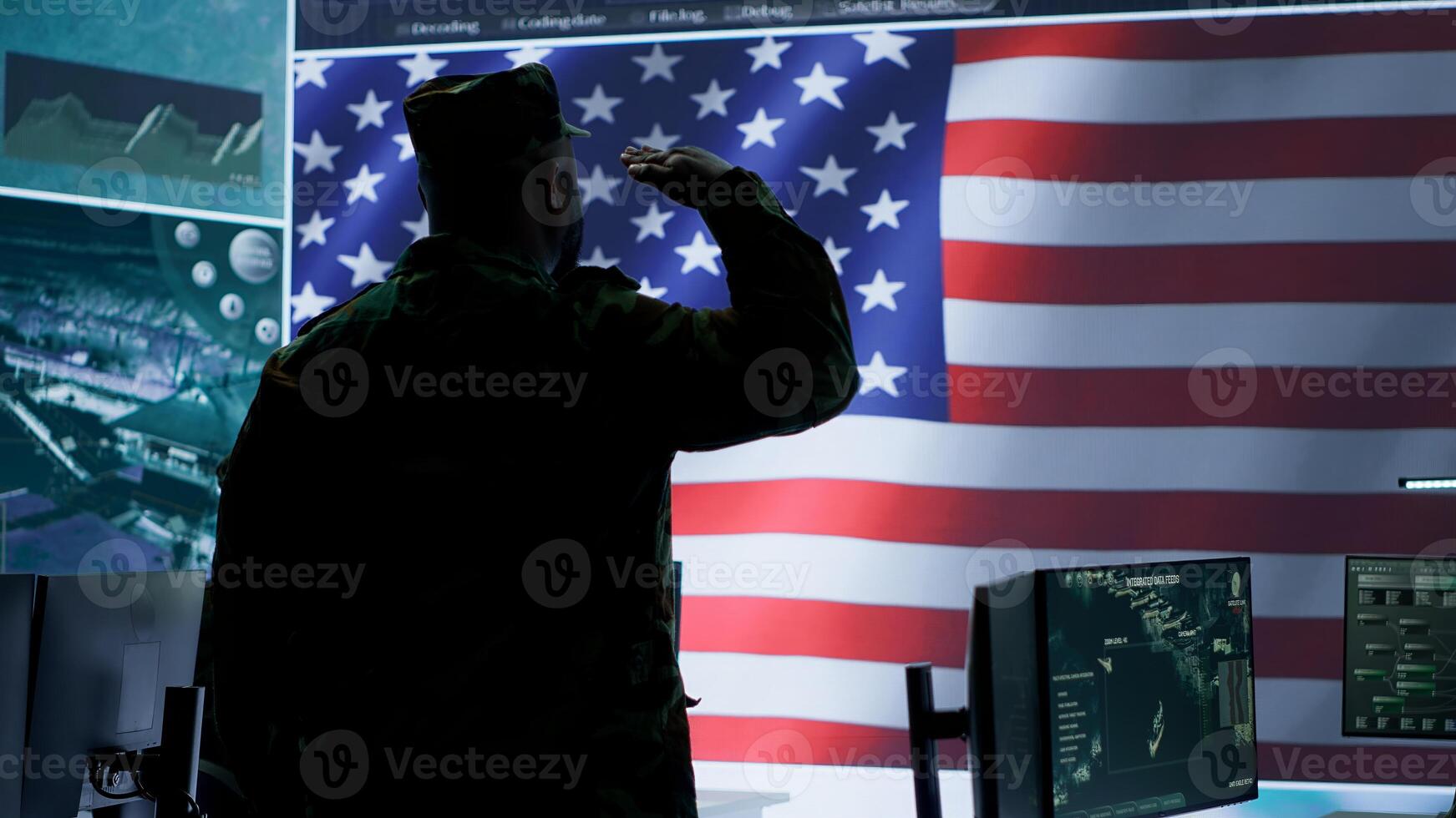 US military officer supervising threat detection activity in high tech office, examining top secret data on big screen. American army soldiers managing hybrid war, cyber attack prevention. Camera A. photo