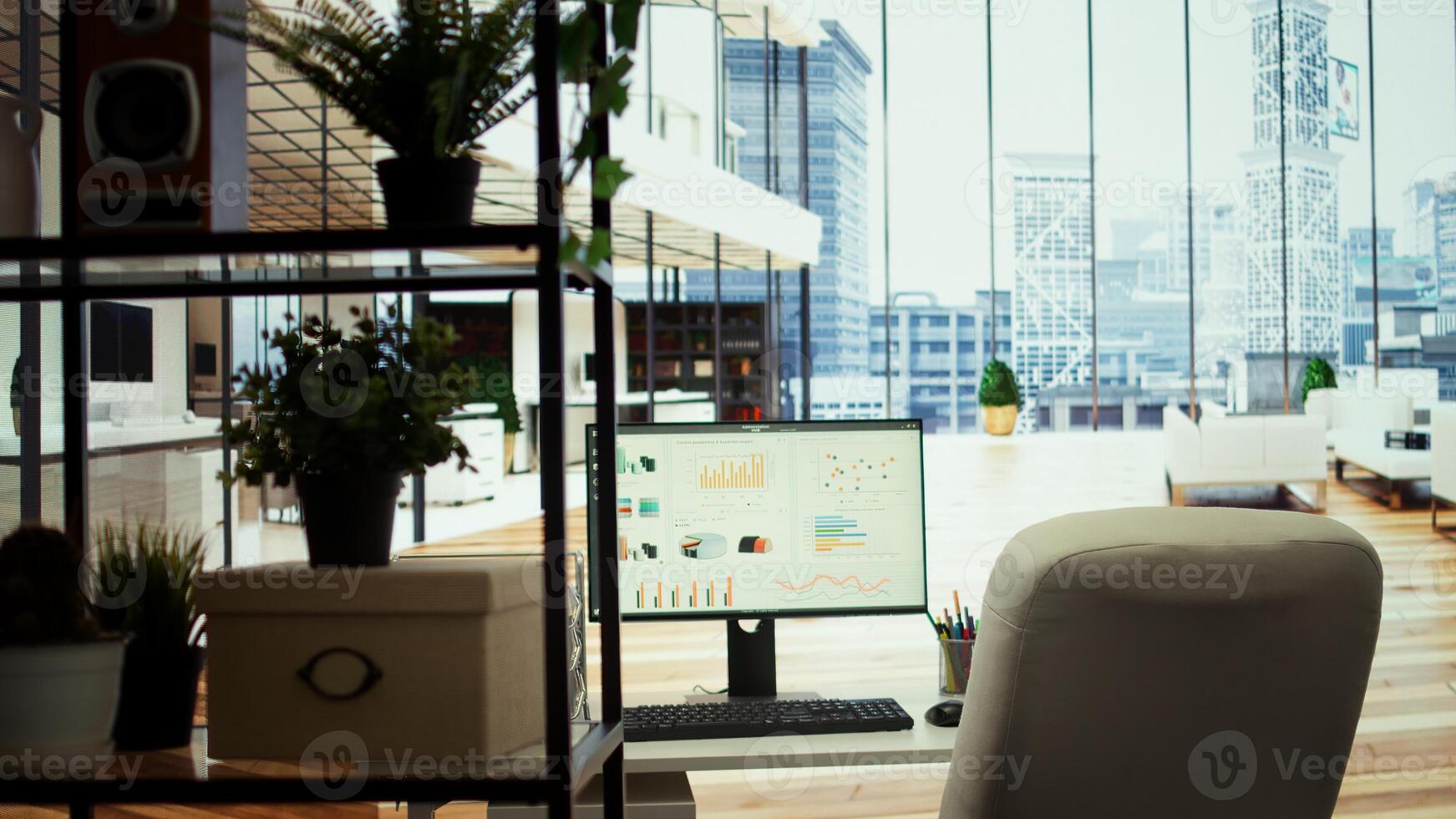 High end company office with a computer showing detailed data insights, executive business meetings or financial planning in a boardroom. Project development in a modern workspace. photo