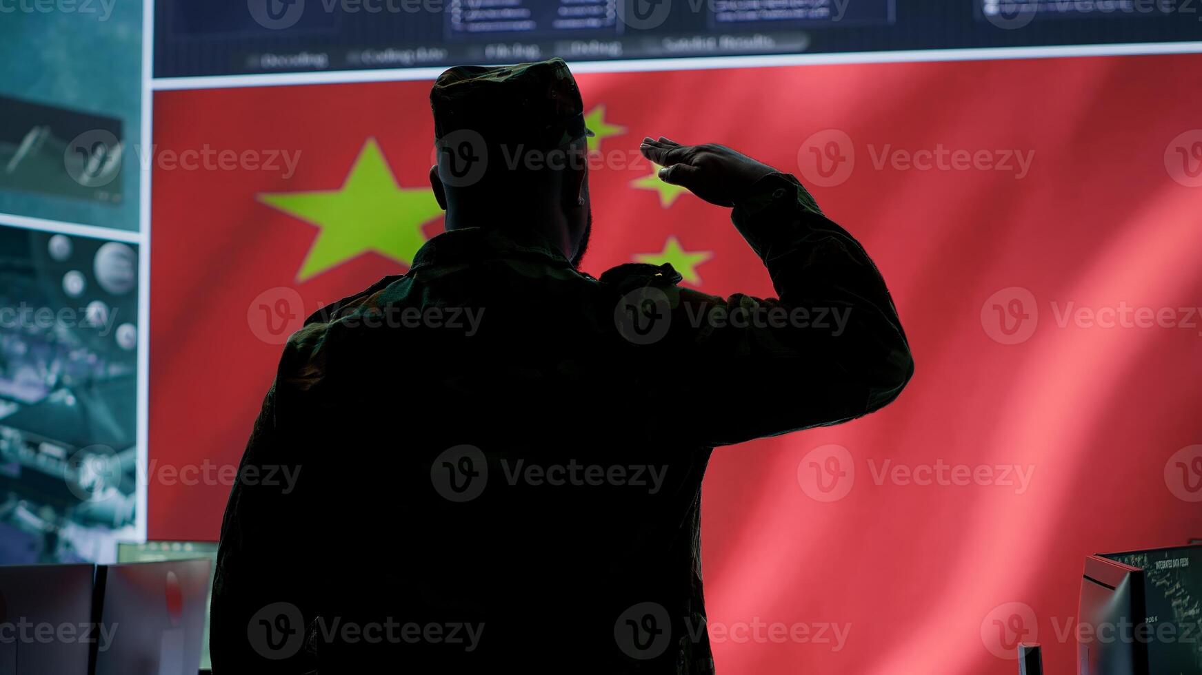 Military analyst from China reviews surveillance data in an army monitoring room headquarters. Chinese soldiers spreading misinformation through propaganda, presenting the national flag. Camera A. photo