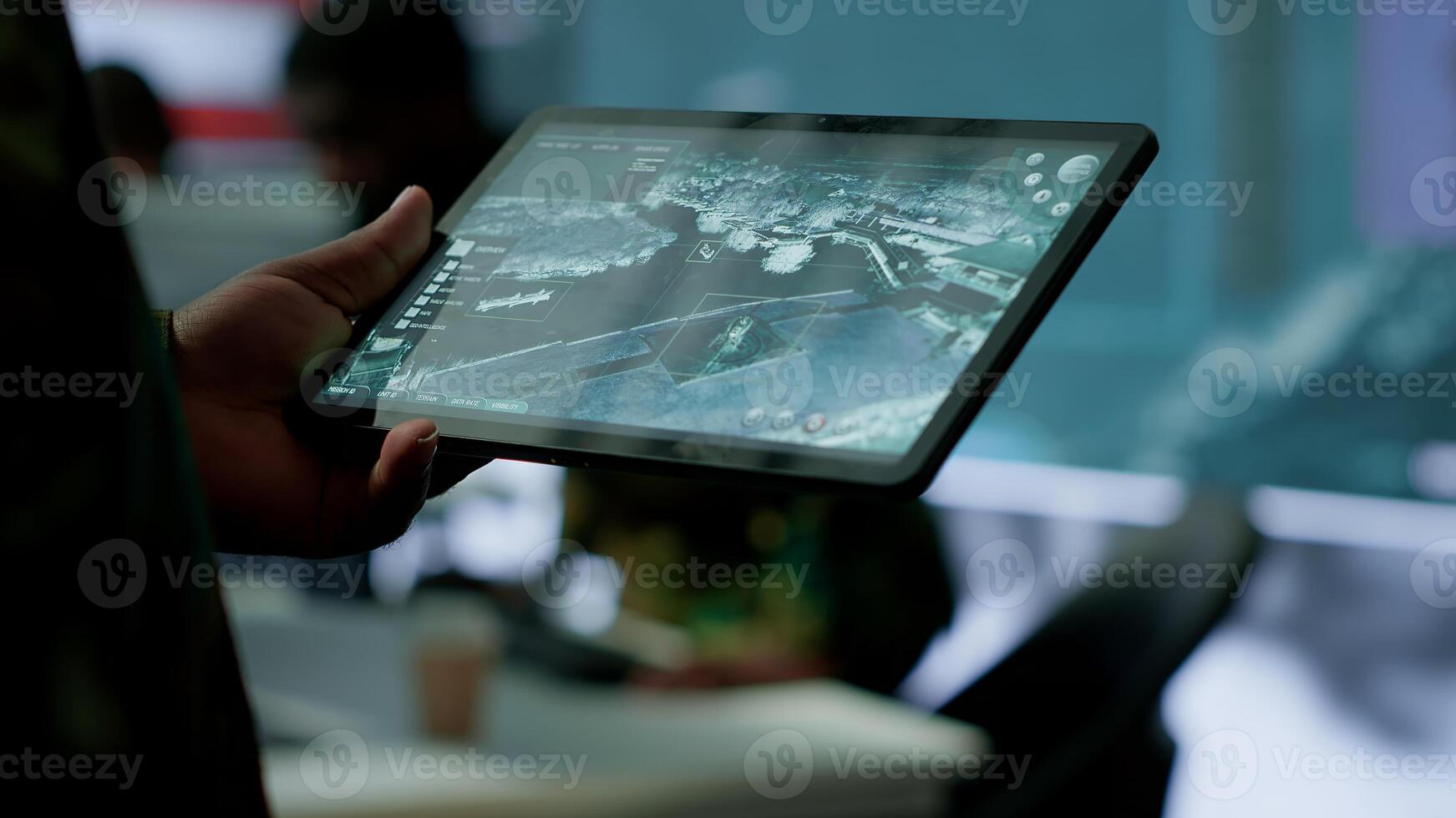 Military personnel in high tech environment safeguard classified information, monitor cybersecurity threats and digital warfare operations to protect against attacks and data breaches. Camera A. photo