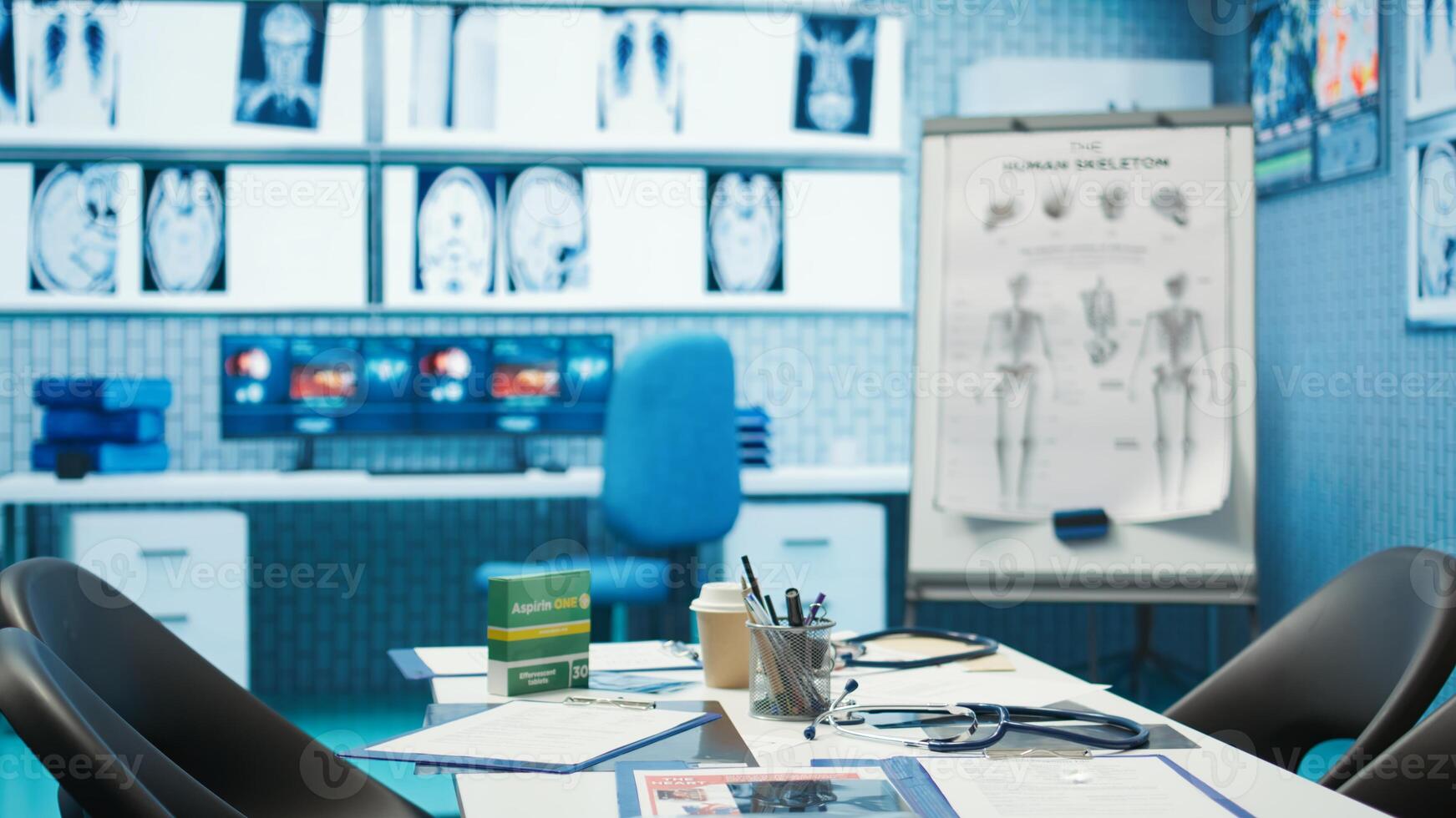 Empty medical facility with modern equipment designed for medicine in finding the right diagnostic, x ray machine and hospital records. Private clinic office space for healthcare industry. photo