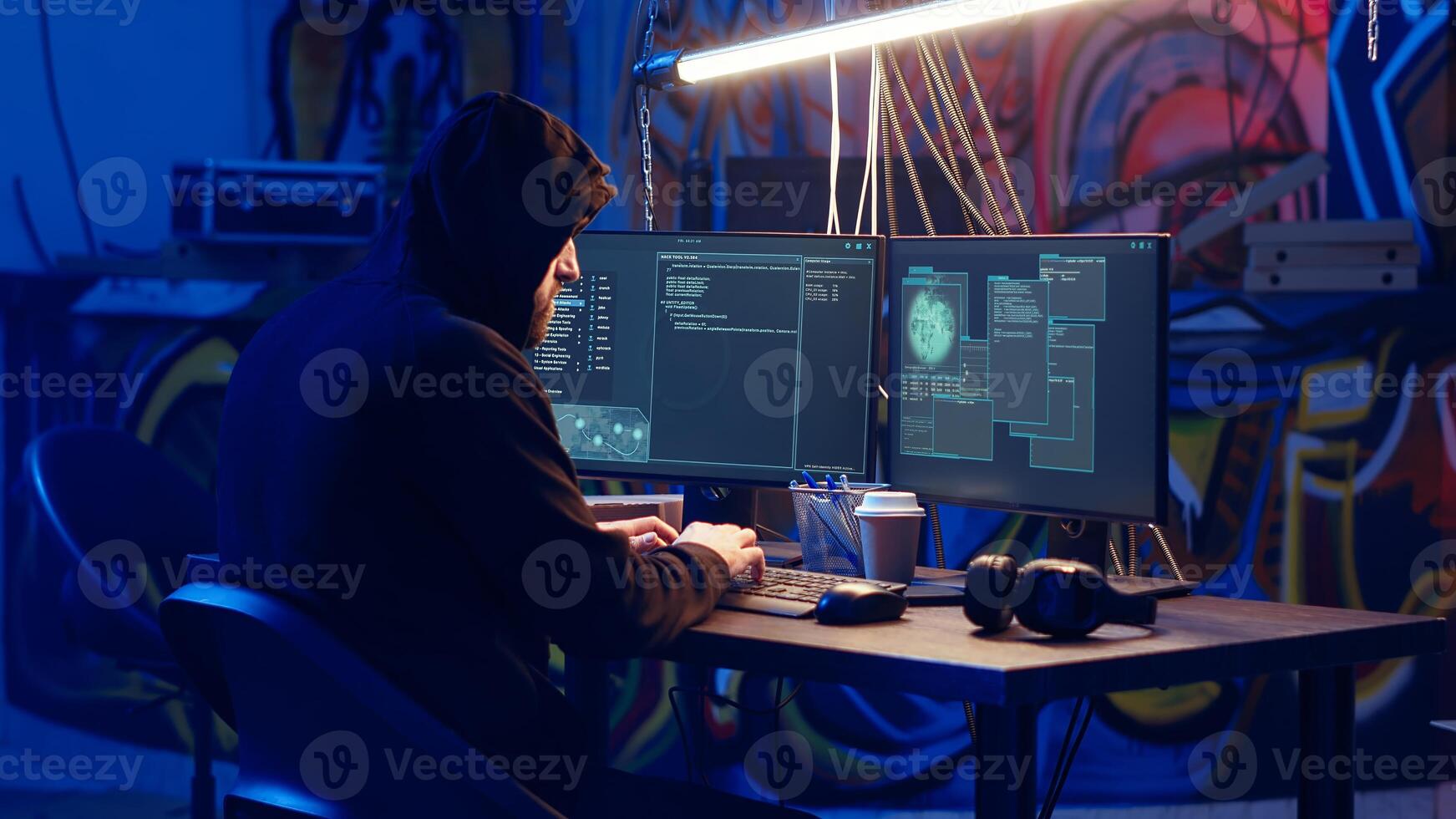 Hacker uses PC to target vulnerable unpatched connections, seeking to compromise digital devices and steal valuable sensitive data. Rogue programmer finds exploits for system vulnerabilities, camera B photo