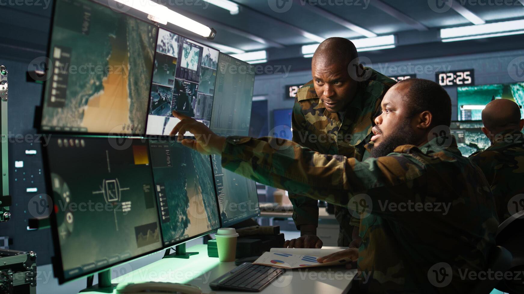 Air force officer and colleague performing tactical level surveillance in command post. Team of military specialists doing brainstorming, using radar equipment to look at assault zones, camera B photo