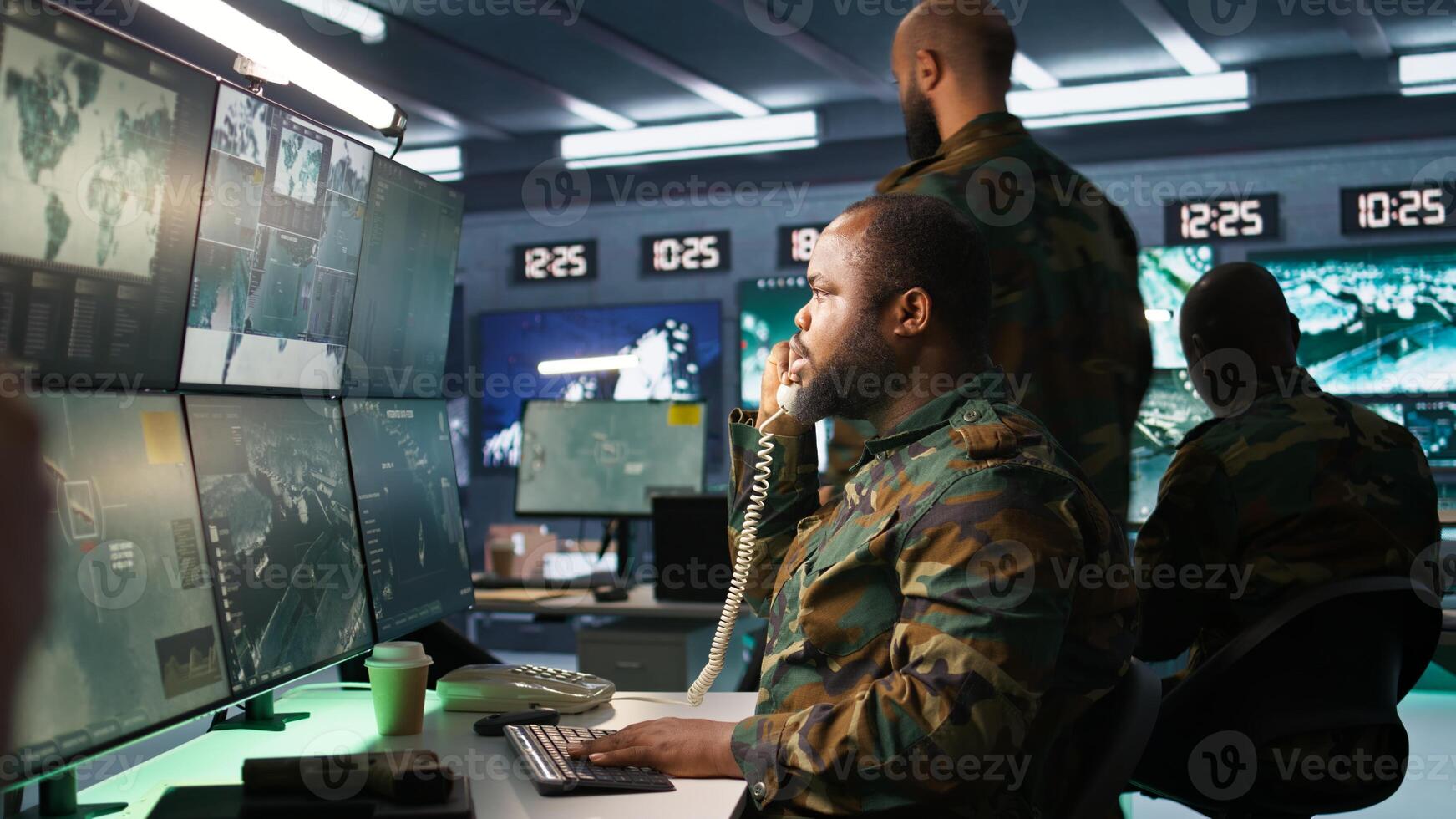 Military officer making telephone call to relay enemy info gained using tracking equipment. Army specialist talking on phone, giving intel helping troops, coordinating mission activities, camera B photo