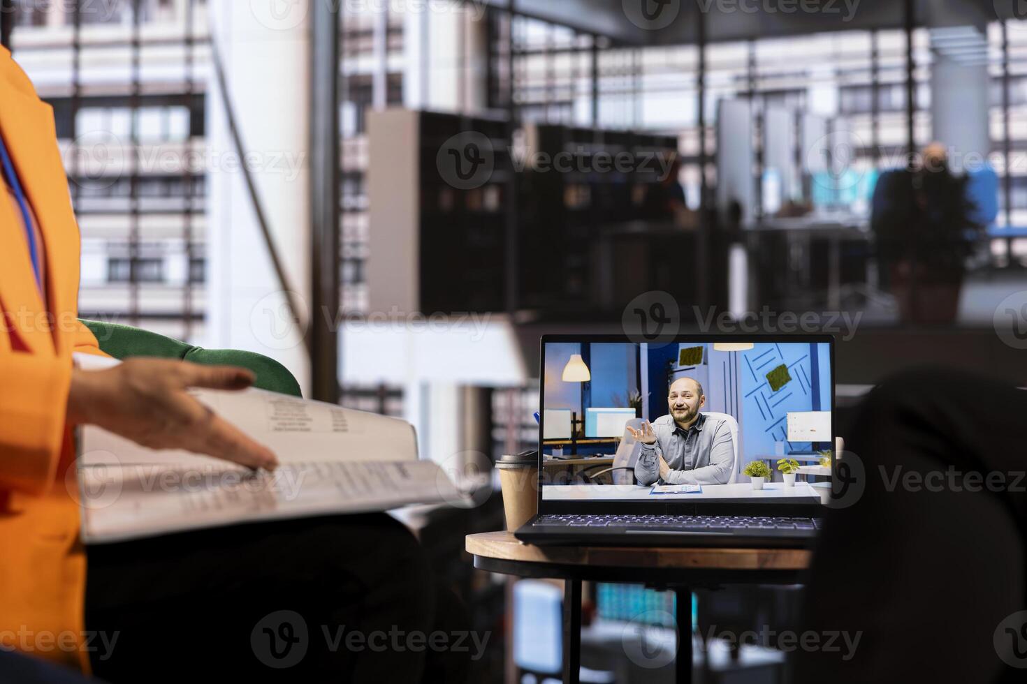 Diverse general managers conducting a call with the main shareholder, focusing on data management, project goals and promoting gender equality in a men dominated company. Online conference. photo