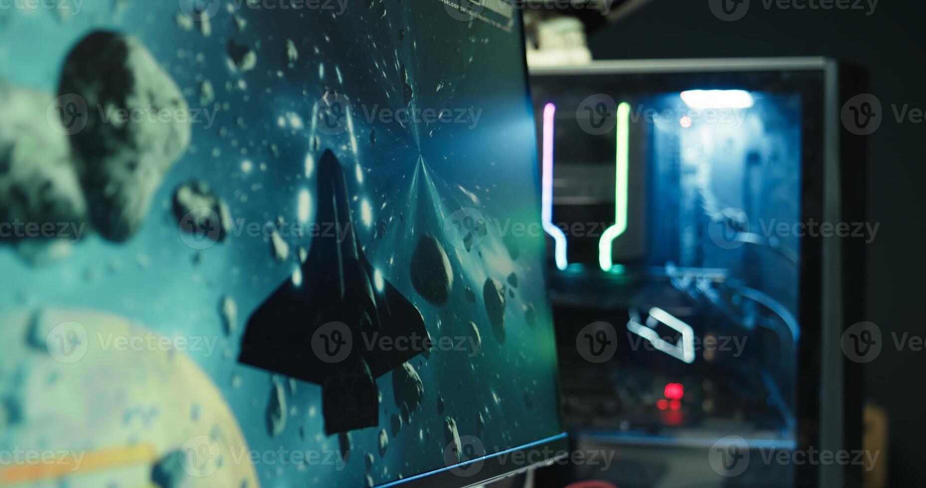 Man at home using high end computer system to play demanding science fiction videogame. Gamer enjoying high quality game, streaming it online, shooting laser beams with spaceship, camera B close up photo