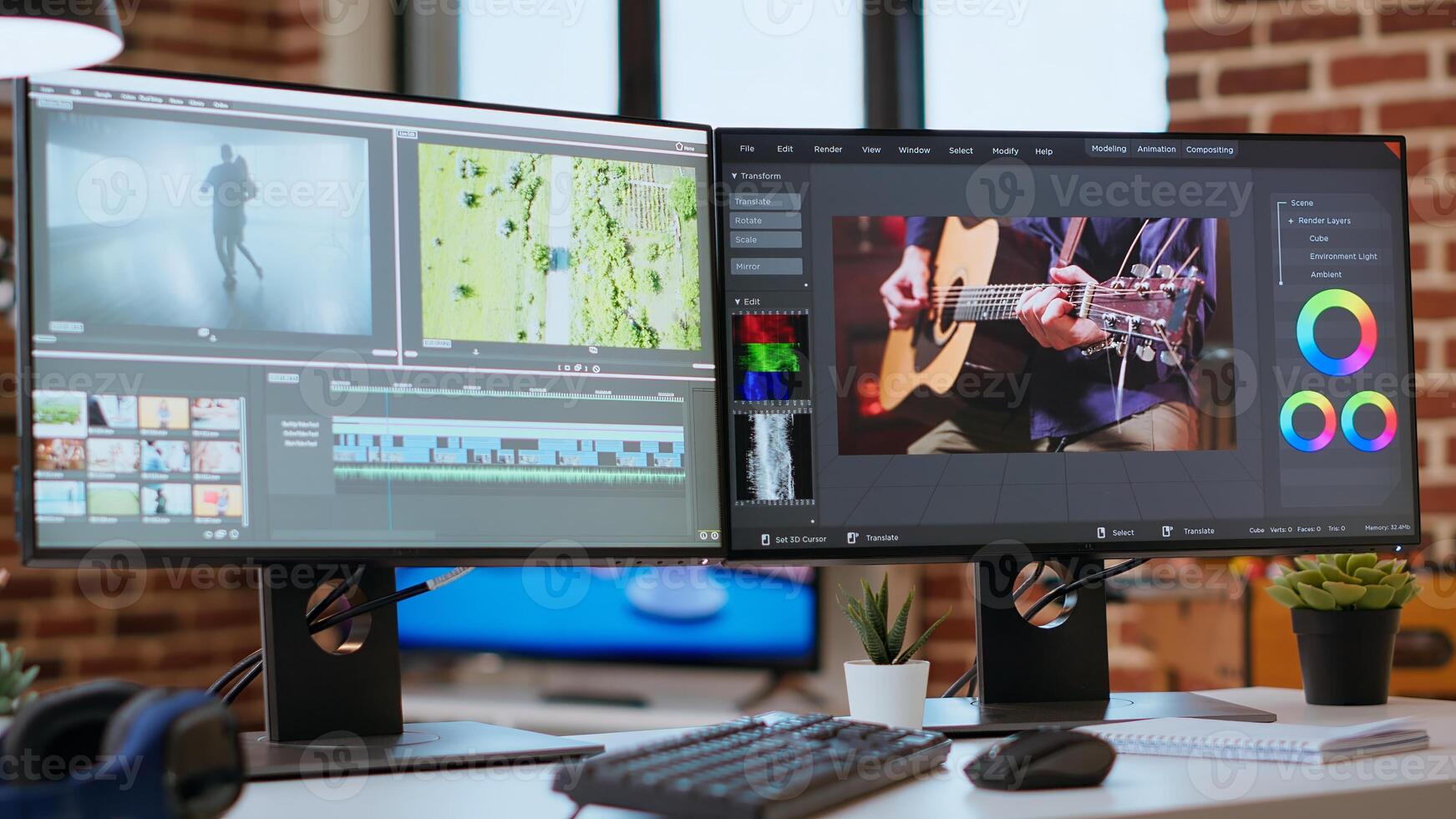 Empty editing tools and a color wheel running on pc at desk, timeline editing, color grading and media creation for a shoot. Post production software on dual monitors. photo