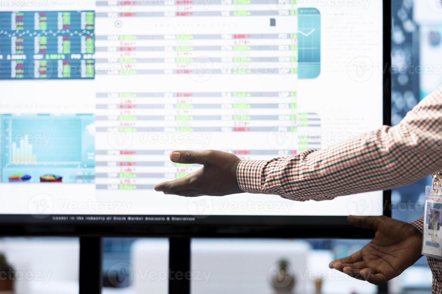 Business associates gathering in multinational company boardroom to analyze statistics and strategic plans. Examining infographics numbers on interactive board, corporate performance. Close up. photo