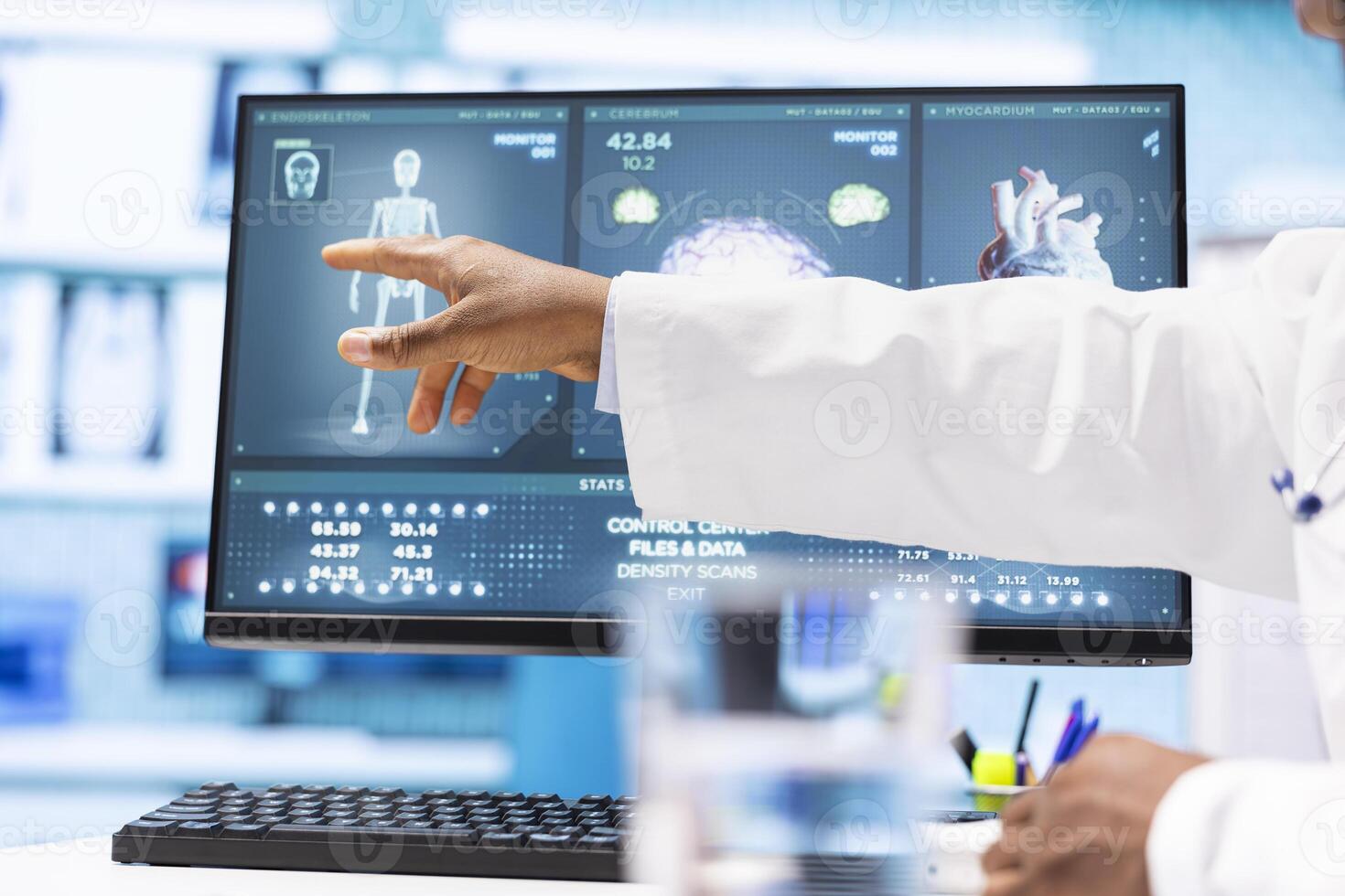 Physician reviewing MRI scan and x ray test results with a patient in medical office, explaining the diagnostics. Doctor pointing at analysis to discuss about the illness, medical technology. photo