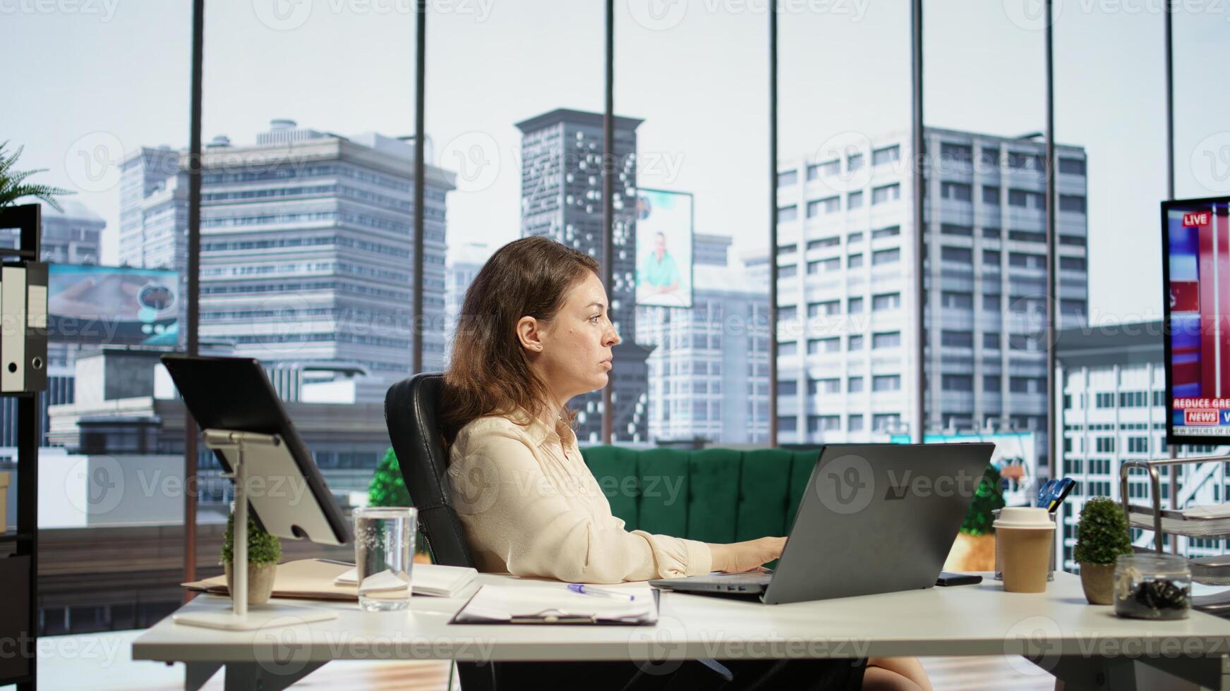 Determined businesswoman coming up with ways to increase company profit, thinking of improving the sales and services to ensure enterprise success and growth. Global management. Camera B. photo