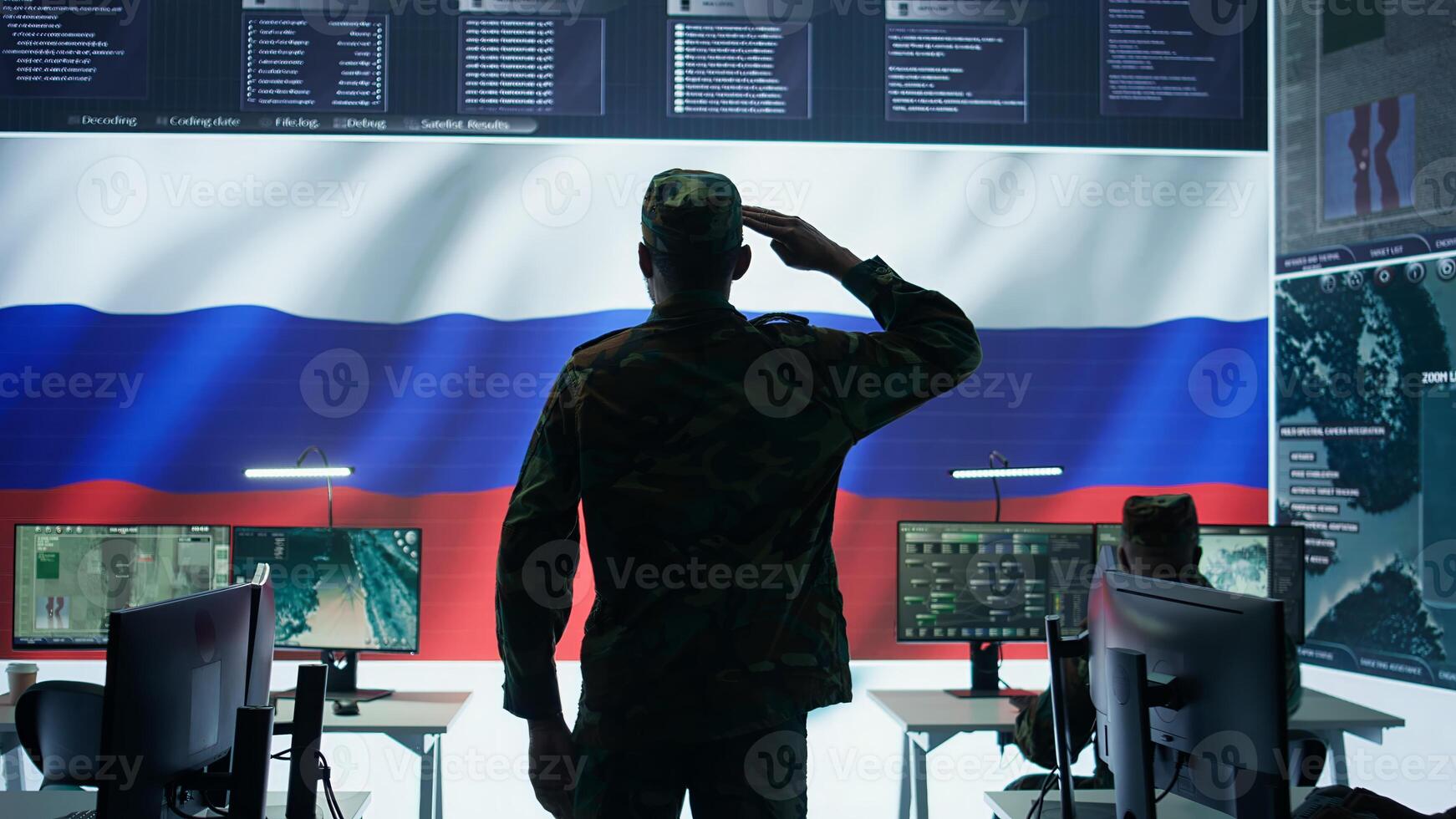 Army IT expert in control center collecting real time battlefield data, process satellite surveillance imagery for successful military defense mission. Using green screen isolated display. Camera A. photo