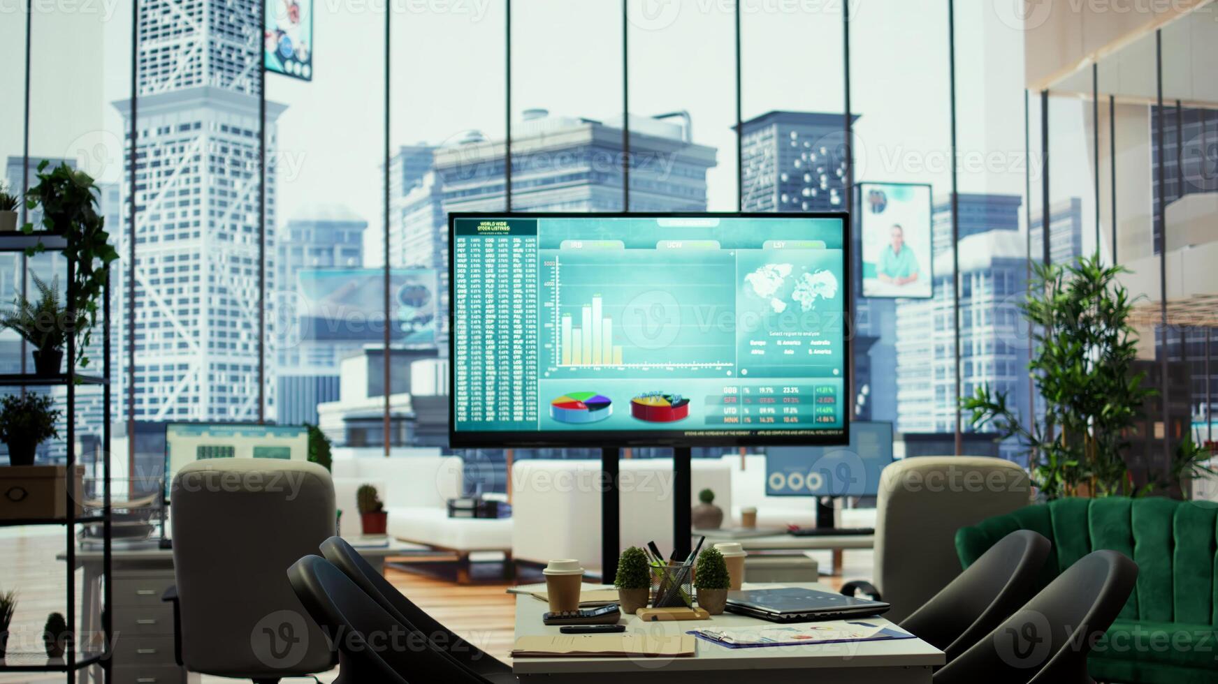 Sleek corporate office with a computer displaying detailed infographics, perfect for executive business meetings or financial planning and project development in a multinational company. photo