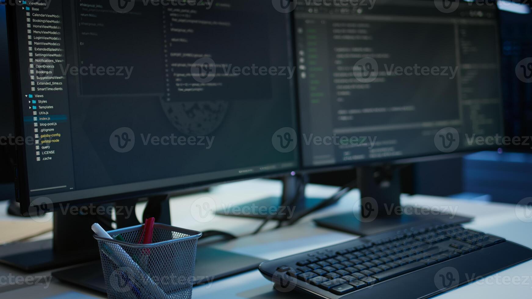 Computers in data center facility used for managing rackmounts energy consumption. PCs in high tech establishment used for automation and monitoring processes in server room, close up photo