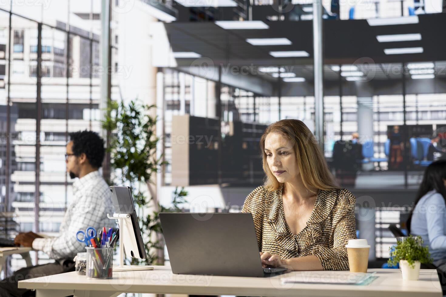 Professional company executive reviews enterprise solutions on her laptop, planning key decisions for growth plan. Entrepreneur focuses on business strategy and financial forecasting. photo