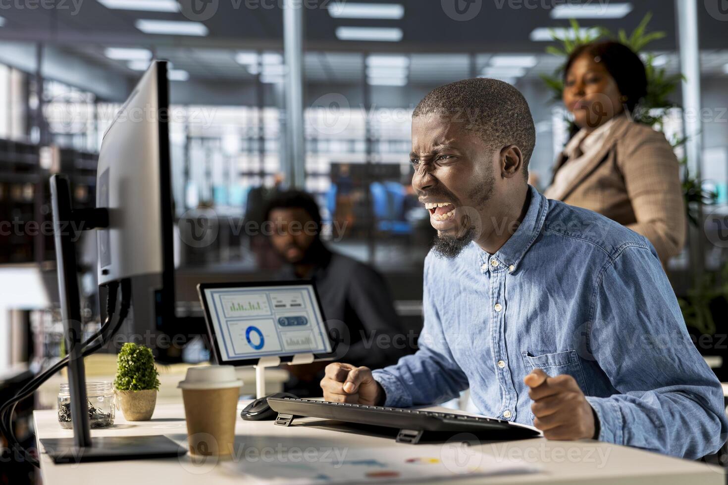 Young CEO feels emotional strain and frustration of business failure, disappointment and challenges. Going through a crisis with mental exhaustion to find solutions for professional struggle. photo