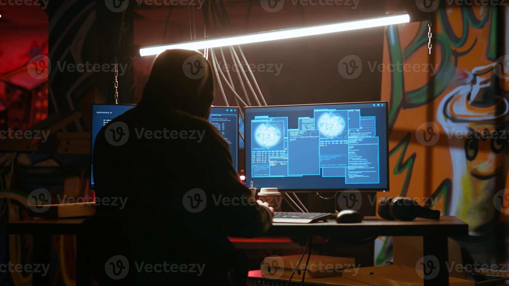Hacker in dark neon lit underground HQ coding malware designed to exploit network backdoors, using tools to bypass security measures such as logins and password protections. handheld camera shot photo