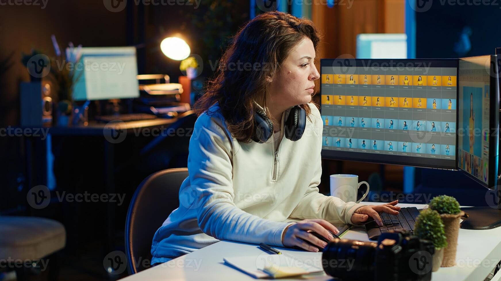 Photo editor arriving at work in independent production company, ready to start project. Photographer drinking coffee and adjusting white balance on overexposed pictures, beginning day, camera A