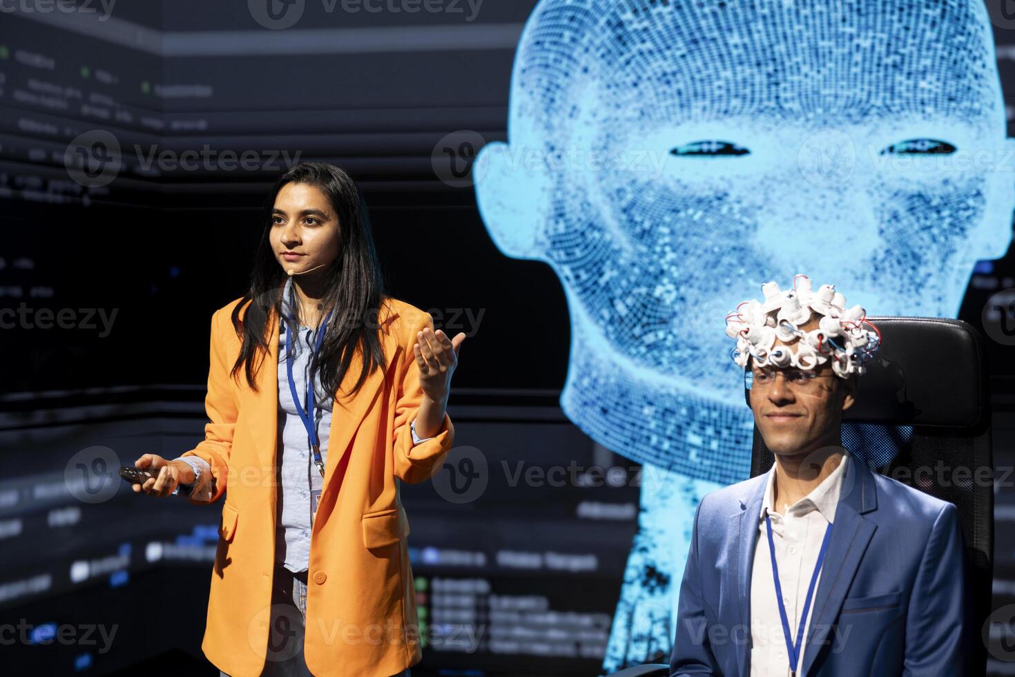 IT company CEO talking at AI expo, sharing neural implants industry insights to audience. Computer scientist at artificial intelligence tech event presenting latest AI EEG headsets products photo