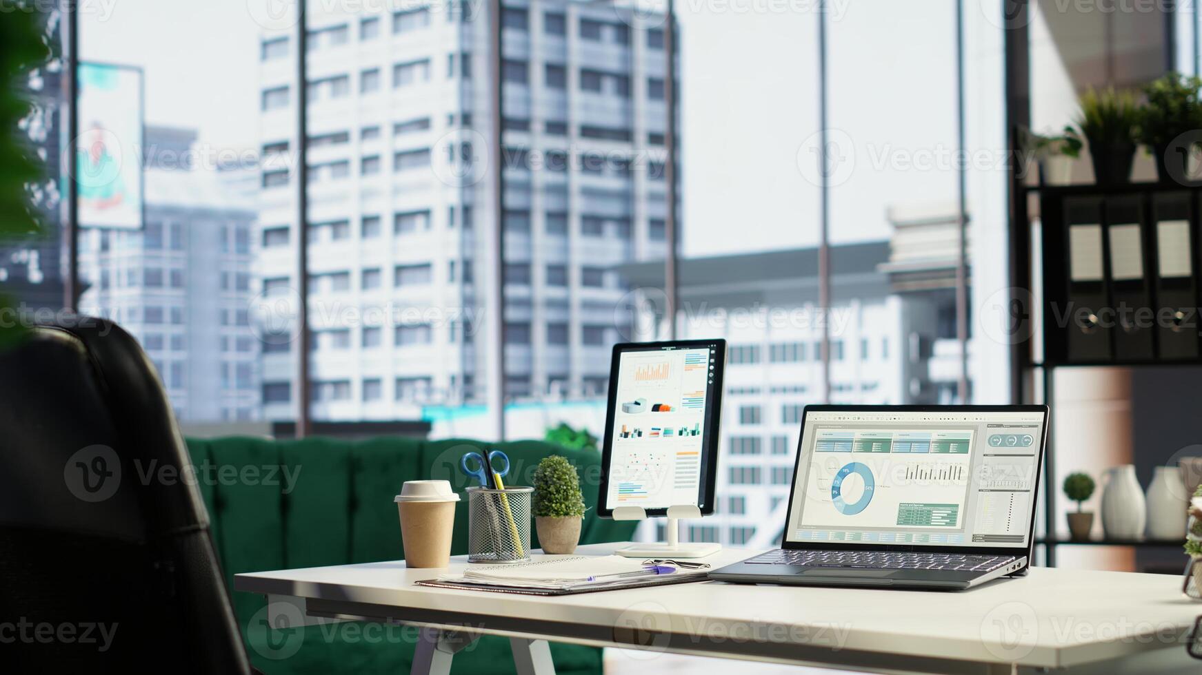 Modern corporate environment in an urban downtown building, high end workspace with business analytics and reports running on screen. Successful career development, office life. Camera B. photo