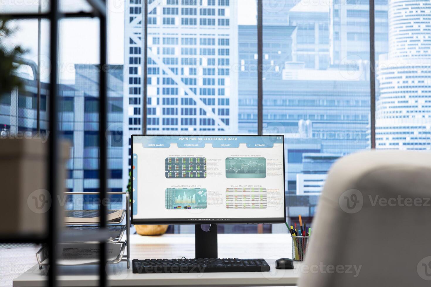 Professional high end office environment designed for business success, business people can collaborate and analyze data on screens. Planning enterprise growth with cutting edge technology. photo
