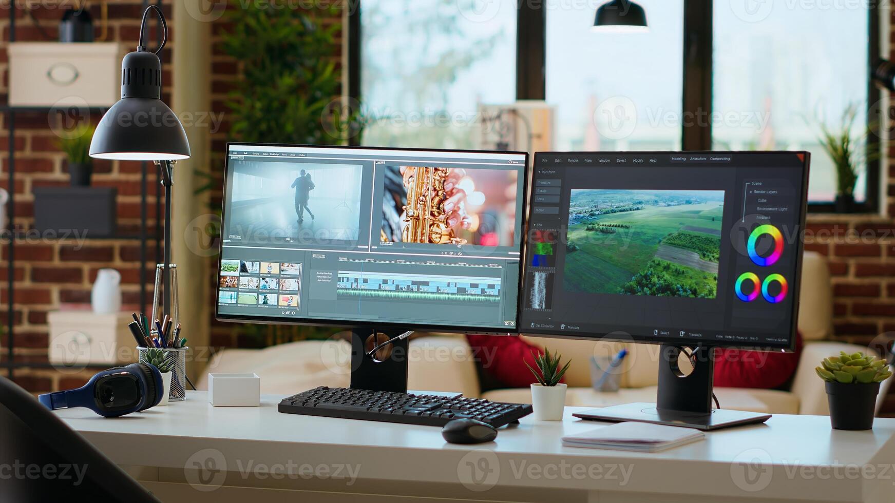 Empty office desk with a editing software running on computer, production and mixing to edit footage. Professional program for filmmaking media, creative studio. photo