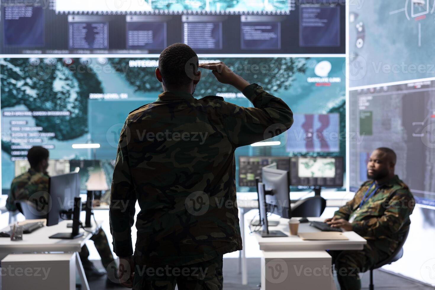 Empty modern base of operations used by the US military armed forces, safeguarding state secrets and ensuring security protocols. High tech surveillance gear used for intelligence. Camera A. photo