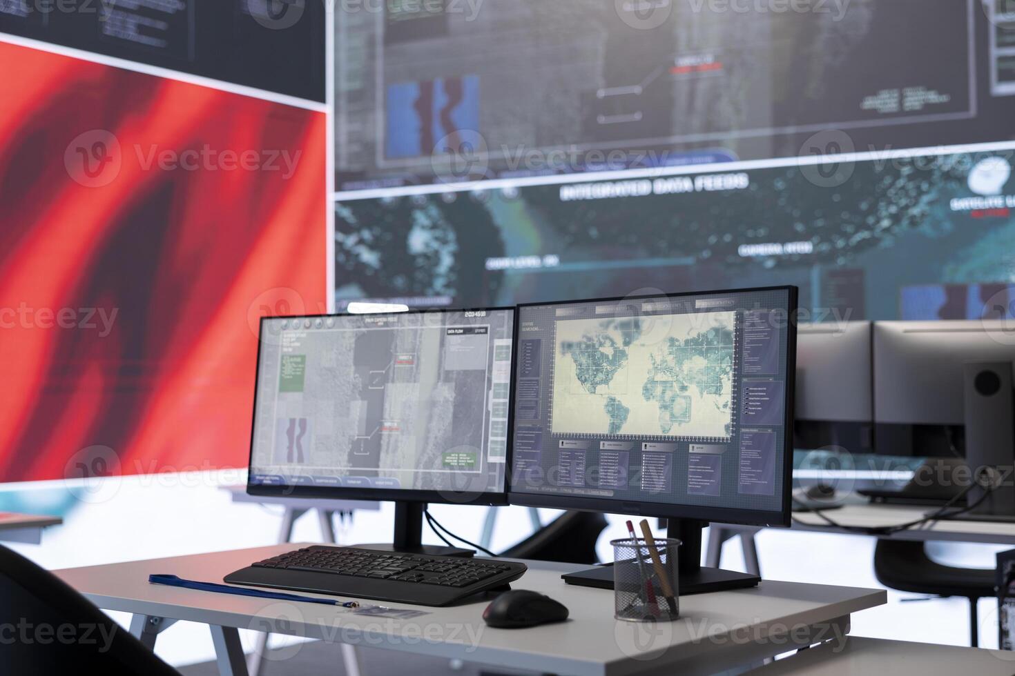 Empty chinese military base of operations working on spreading fake news and war propaganda for communism ideology. Army command post employing big data and high tech gear. photo