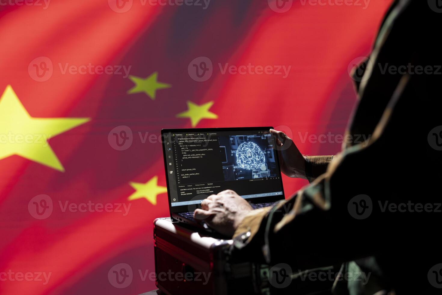 Chinese software developer making bot accounts on social networks using AI machine learning. Engineer working for CCP government building artificial intelligence algorithms to spread misinformation photo