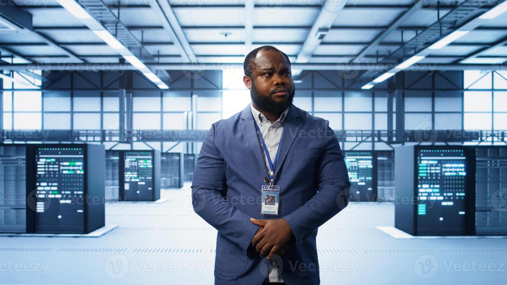 IT expert managing data center with advanced technology, ensuring cybersecurity and efficient network management. Admin in server room maintaining and optimizing data center infrastructure, camera B photo