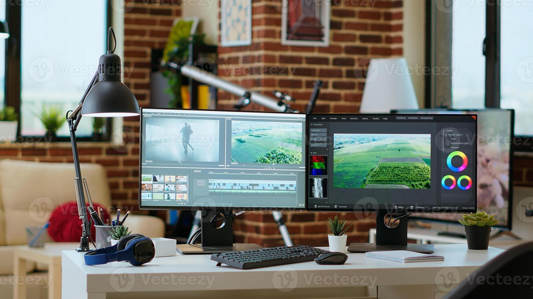 Modern digital workspace in the living room focused on tech and productivity, dual monitors displaying post production tools for creation. Clean desk setup supports efficient production. photo