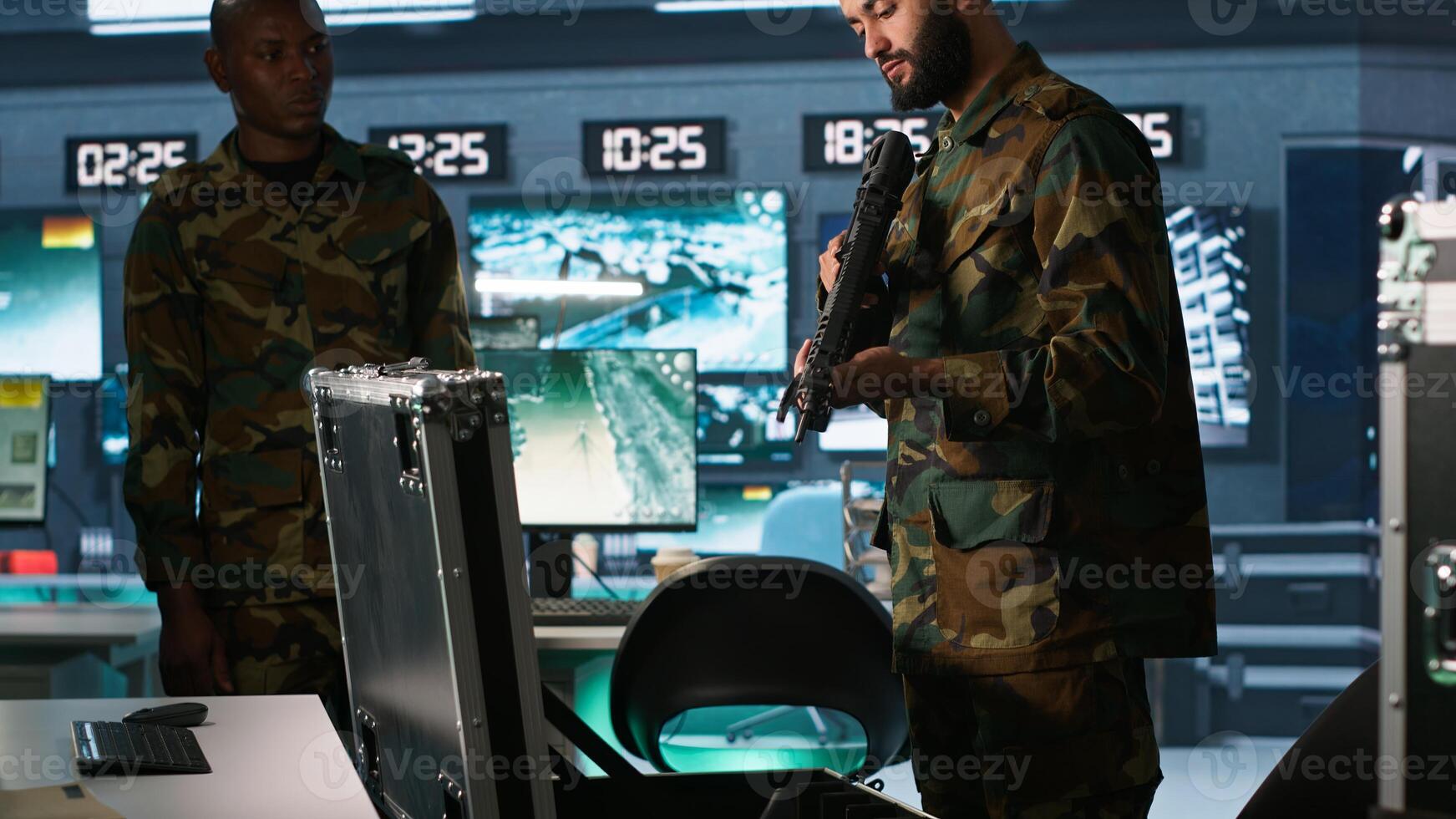 Army soldiers in command center packing weapons able to engage targets at extended range. Military units reloading gun cartridge, preparing for enemy assault mission, camera A photo