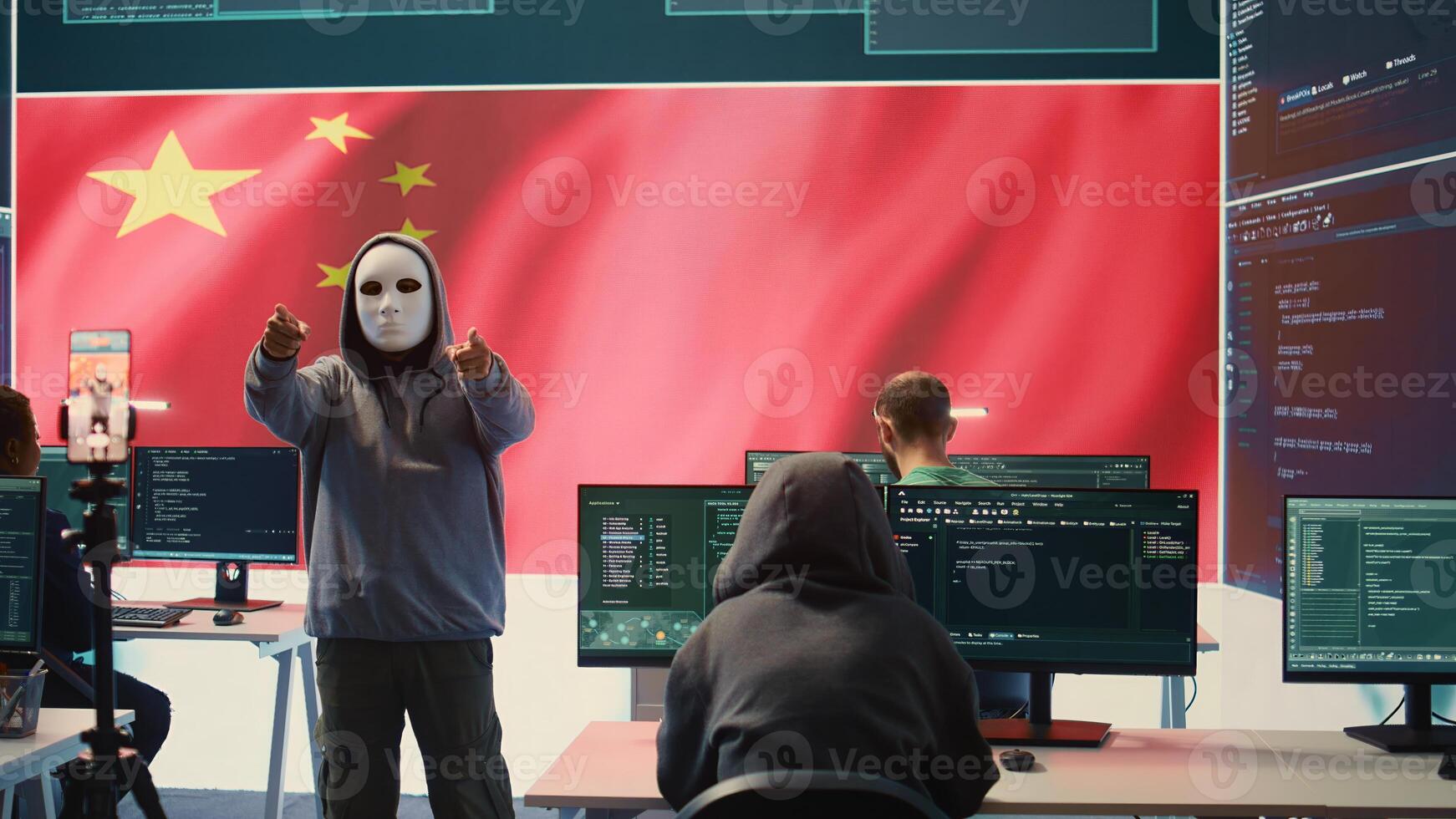 Chinese anonymous criminal recording himself asking for ransom, hacking intelligence systems and spreading false information, misleading. Autocracy communism doctrine in hybrid war. Camera B. photo