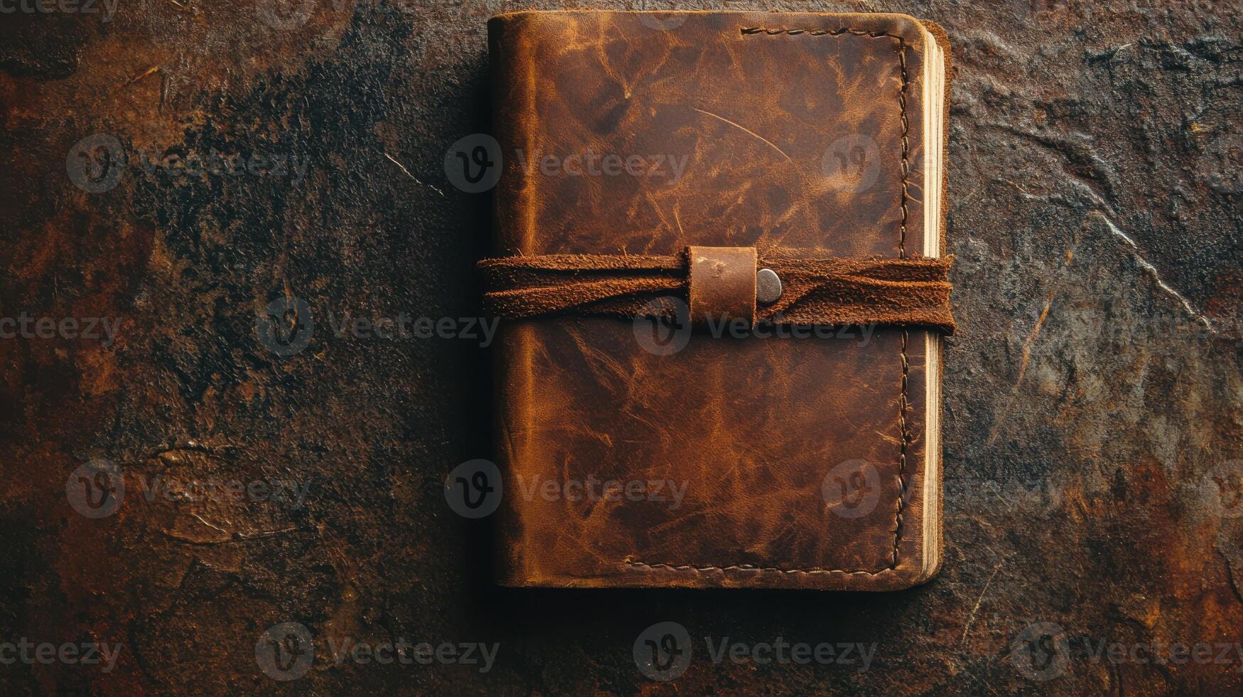 Leather-bound notebook resting on rustic surface conveys a sense of creativity and nostalgia photo