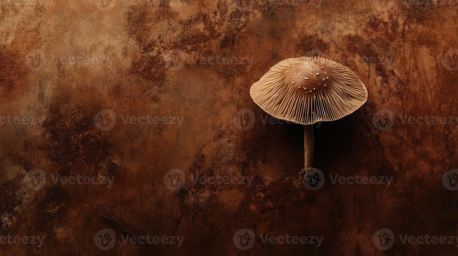 Unique brown mushroom with delicate gills resting on a textured earthy surface capturing natural beauty and simplicity photo